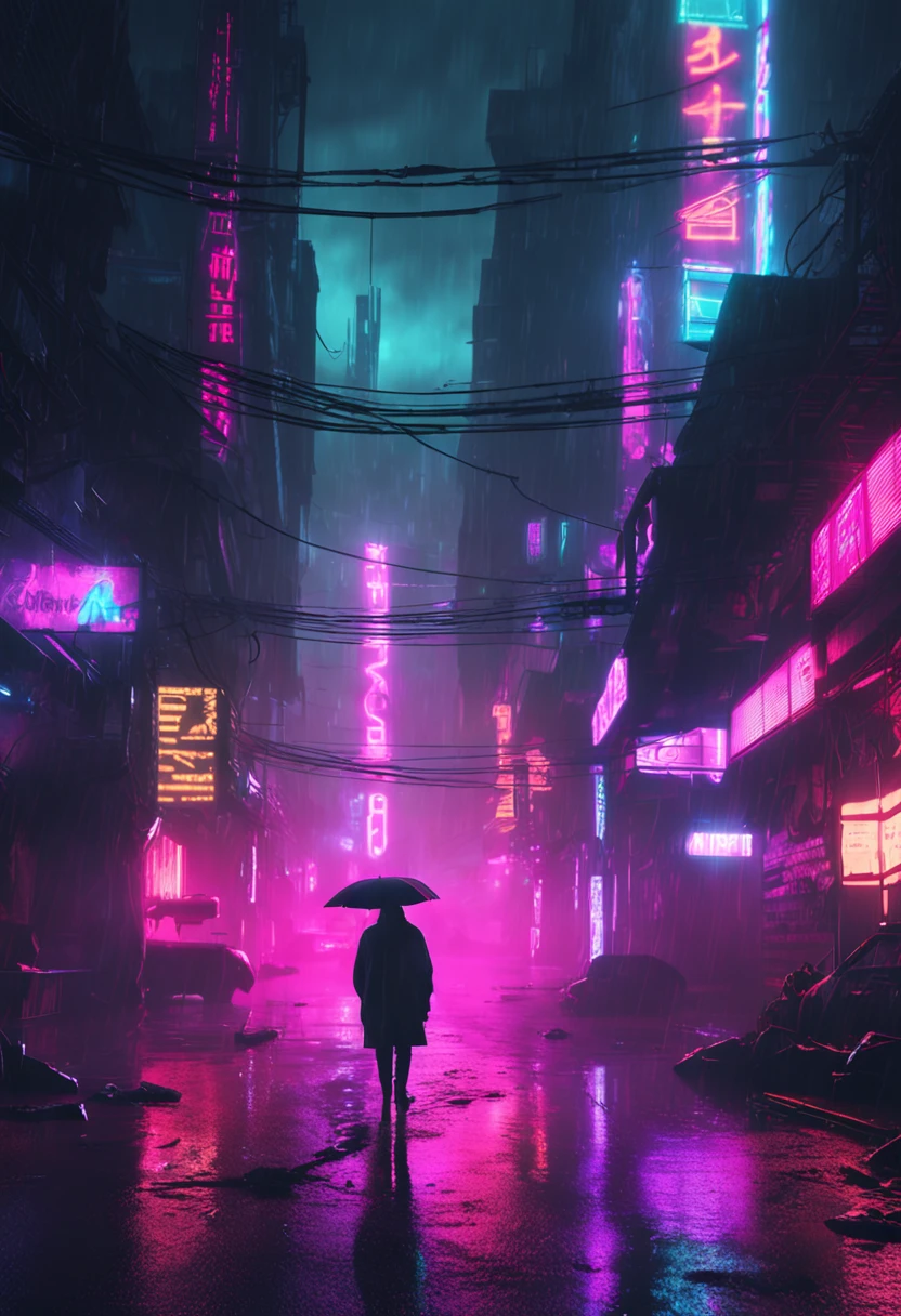 "Neon-lit cyberpunk streets, futuristic cityscape, dystopian artwork in the dark, 4k wallpaper. Rainy and foggy atmosphere, evoking a moody and desolate future."