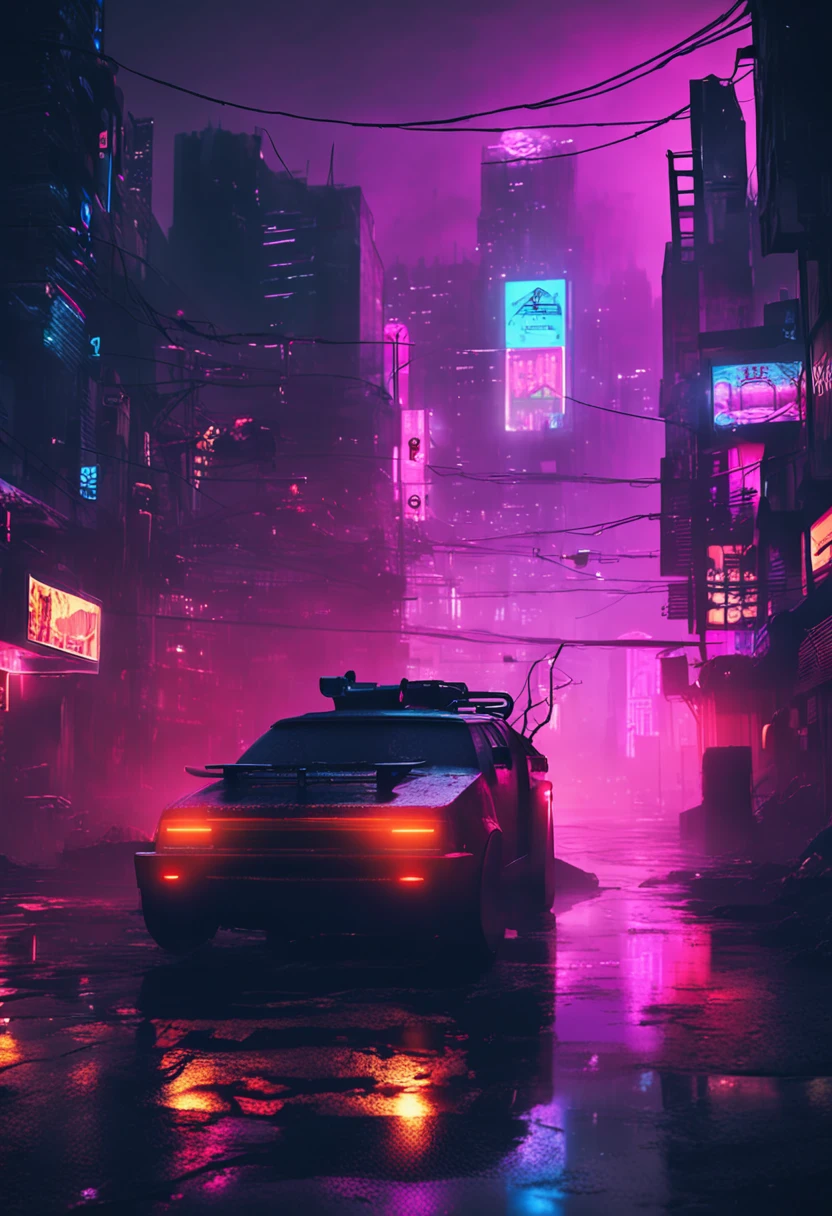 "Neon-lit cyberpunk streets, futuristic cityscape, dystopian artwork in the dark, 4k wallpaper. Rainy and foggy atmosphere, evoking a moody and desolate future."