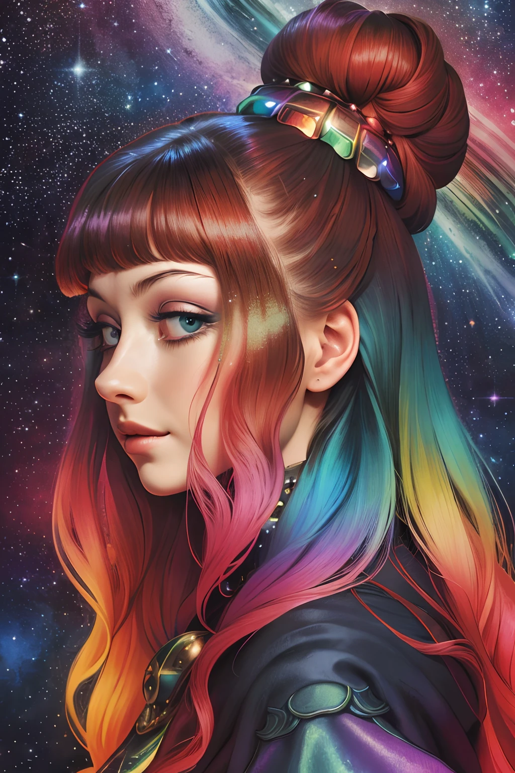 ((beste-Qualit)), ((tmasterpiece)), ((Realistic)), Ultra-detailed, (Cassiopeia, hairstyle bun), Star Waterfall, Perfect colorful gradient, illustration by Ernst Fuchs, —q 4 —s 750