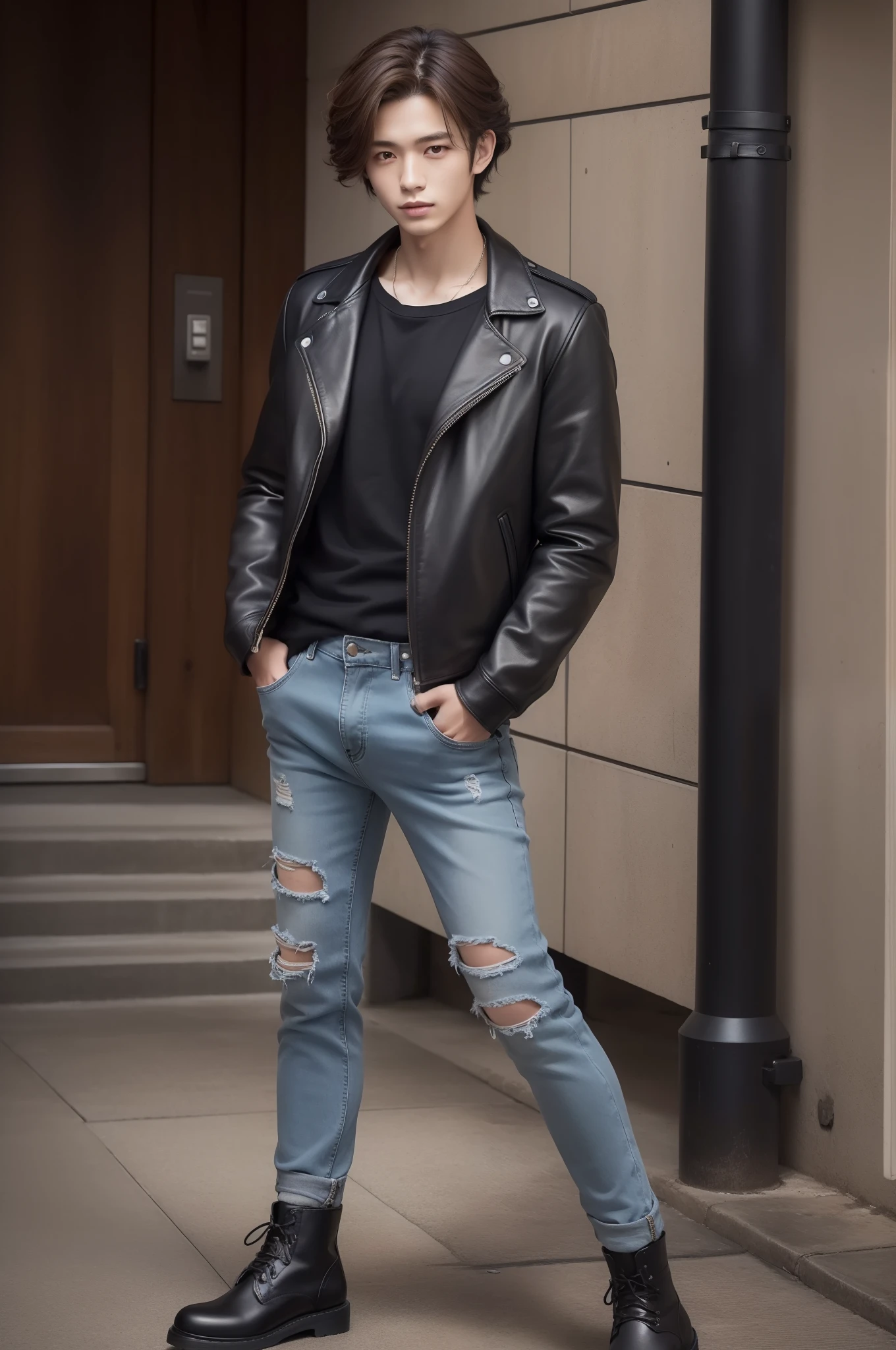 masutepiece, of the highest quality, High Definition)), (Photorealistic,Speciality: 1.4),autumnal/Hair catalog magazine portrait of 20 year old Japan male idol in winter casual style. Wearing Zara's black leather jacket, Gray hoodie, dark jeans, Dr. Black boots. Martens, And leather bracelets. The appearance is soft and fashionable. (Autumn hairstyle/Winters. Curta, Medium Hold, The appearance of curly texture,Light brown hair color :1.2),Reflects an energetic and stylish personality.