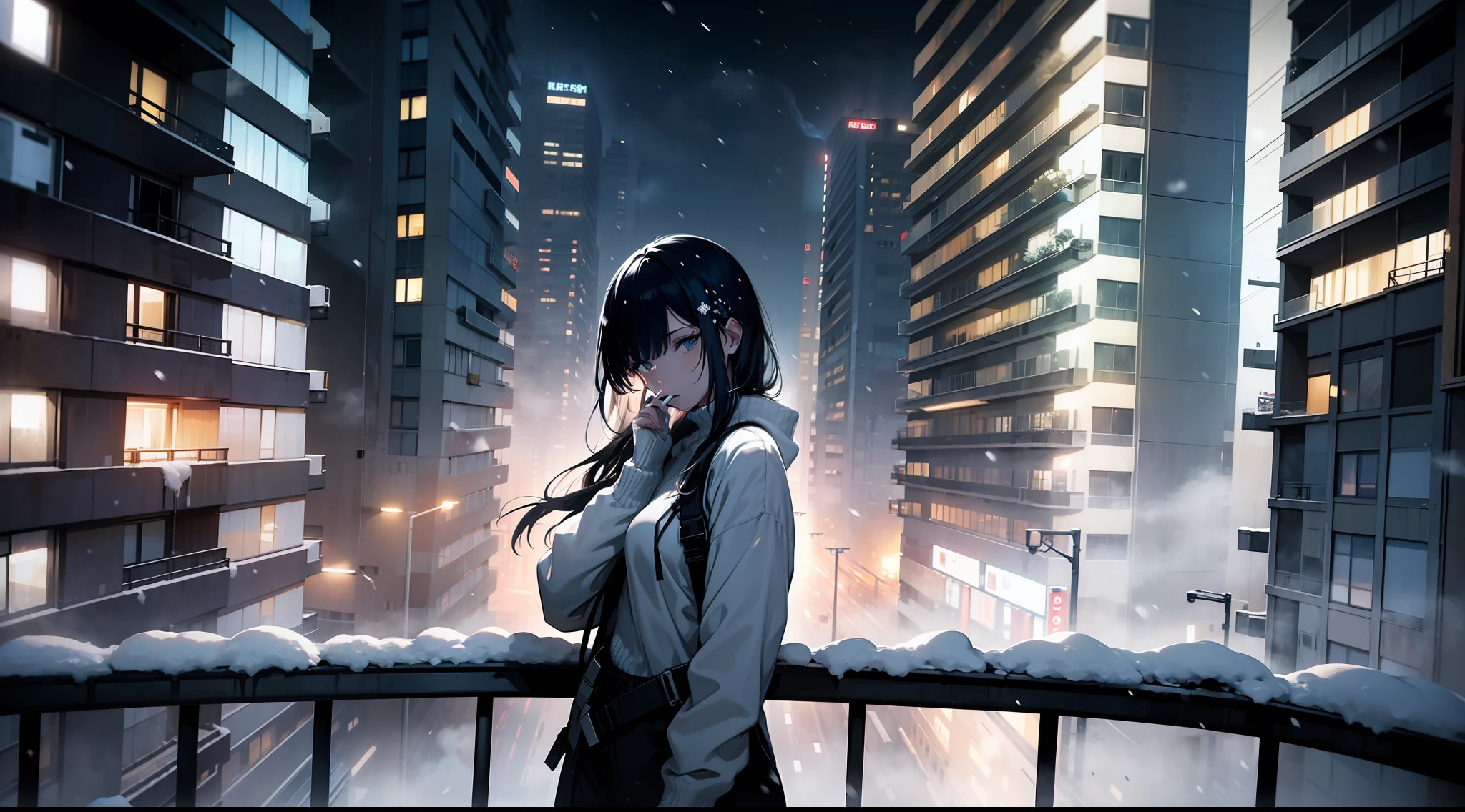one woman, leaning on the railing of the balcony of high rise building, wearing white sweater, alone, midnight, sad mood, ultra detail, snow, dark, smoking, bleak, sad, alone, cyberpunk, winter, snowing, foggy, far shot, cigarette, visually busy, visual clutter