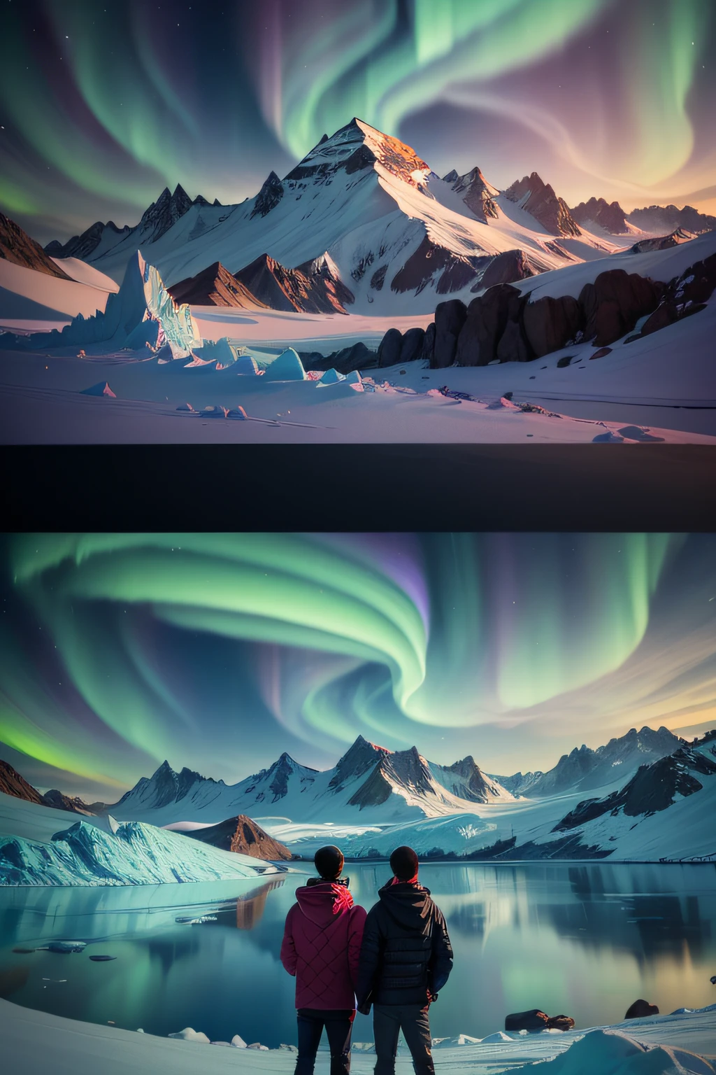 Me and my brother are two people,I am 27 years old Asian,My brother is 18 years old Asian,In Antarctica,There are glaciers,And then the sight in the distance,Constantly changing,Aurora from day to night to day,and the most beautiful scenery in the world