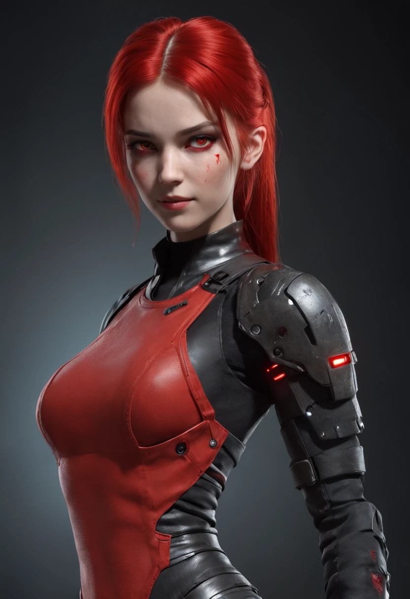 Full-body cybernetic girl with a ponytail. Bright red color to show that she is a cybernetic girl. Roupas como tomb raider, mas com saia. She also has blue eyes. The environment is like a terminator. hair is black. She is illuminated with the bright red color on one side of her face. Conduzido como. And both hands also have the led light.
