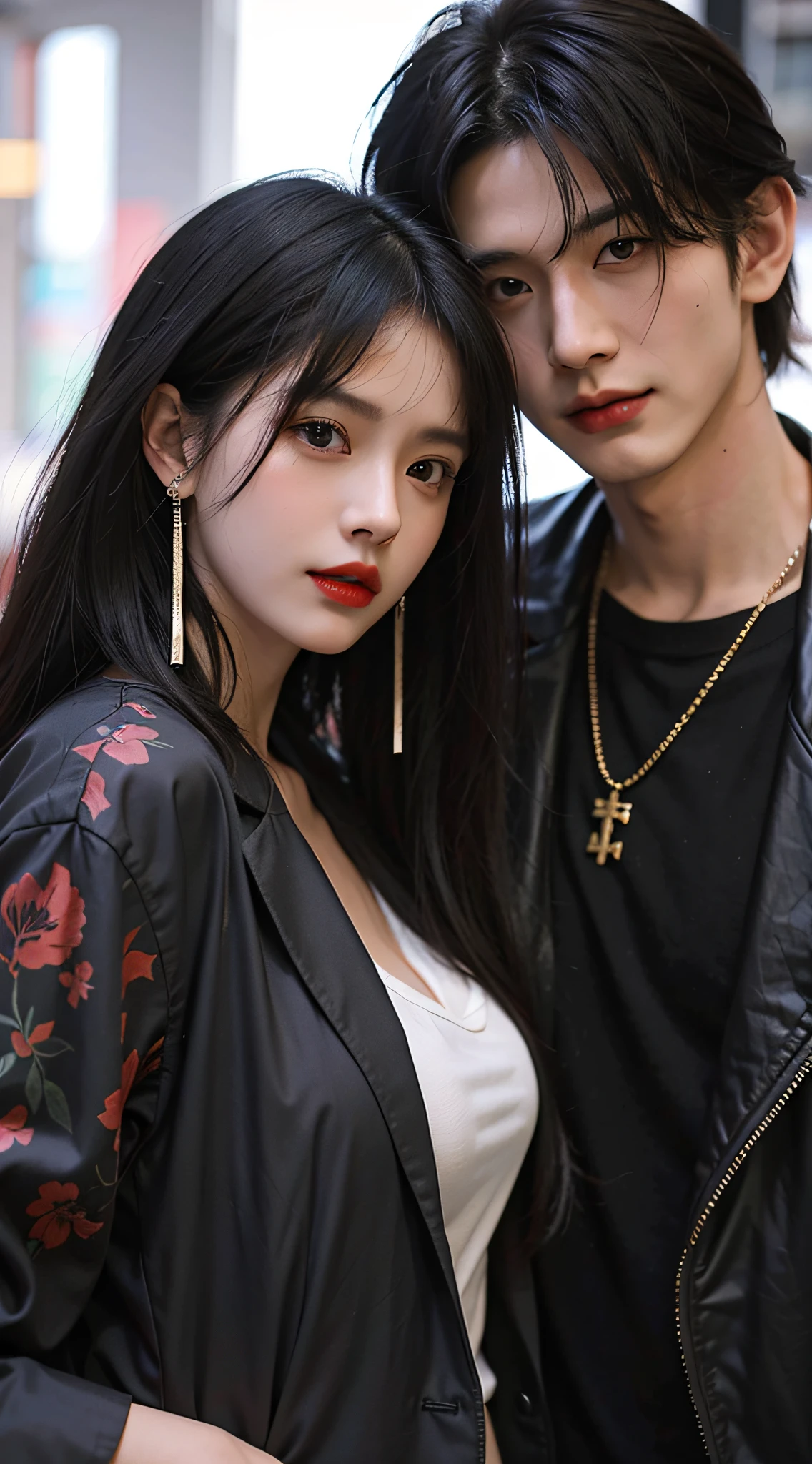 Anime couple posing for photo with black hair and red lips, Guviz-style artwork, Guviz, by Yang J, By Ni Tian, in the art style of bowater, Ruan Jia and Artgerm, By Li Song, by Ye Xin, inspired by Yanjun Cheng, Cai Xukun, author：Yu Zheding