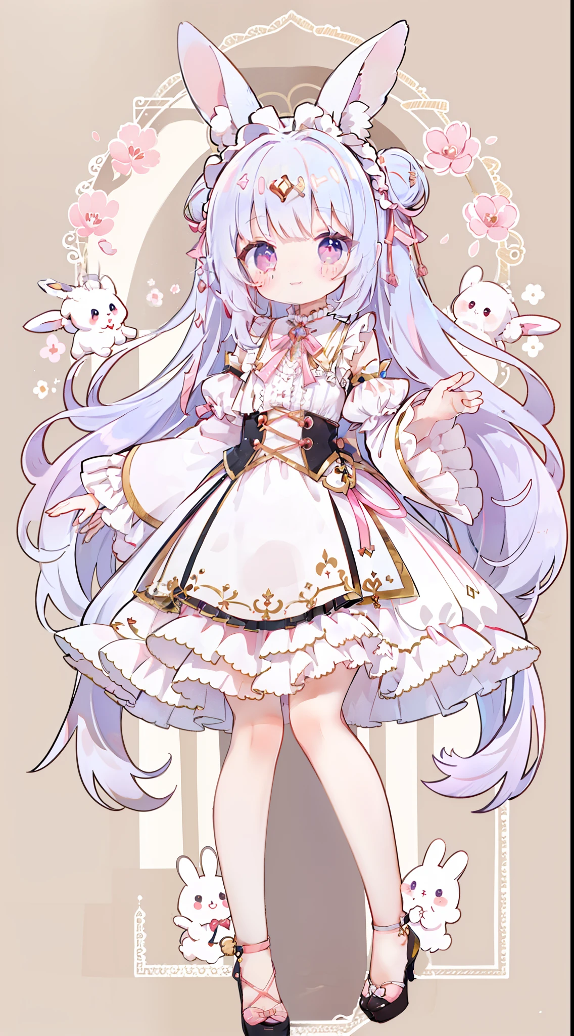 1 girl in、((Full body standing picture))、high-level image quality、top-quality、Masterpiece、White hair、Longhaire、Pink eyes、Rabbit ears、One piece with frills、Fluffy sleeves、Sleeves that connect to the shoulders、a smile、Pose with hands spread down、Lori、cute little