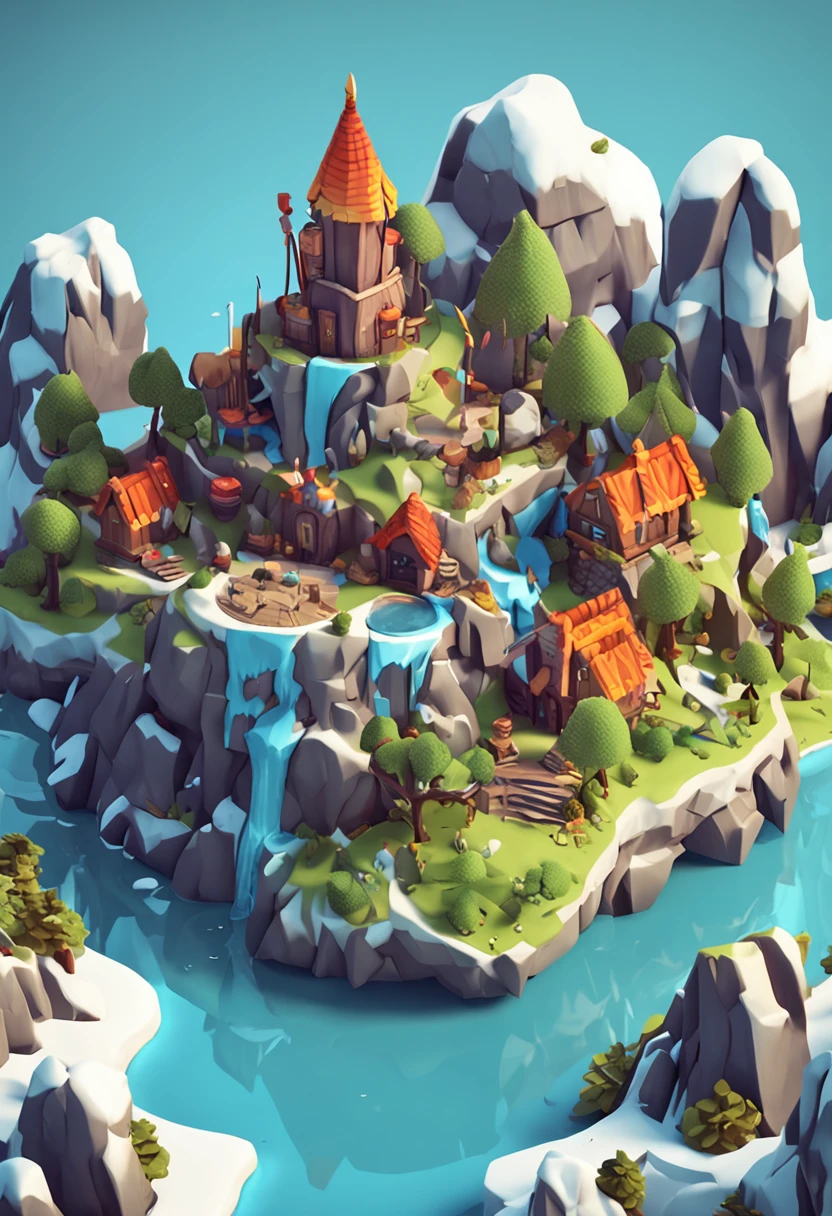 Snow Island,Snowy island, isometric 3d fantasy island, isometric game asset, 3 d stylize scene, Island background, 3 d render stylized,, game assets, high quality lowpoly art, Stylized 3 D, stylized 3d render, isometric 8k