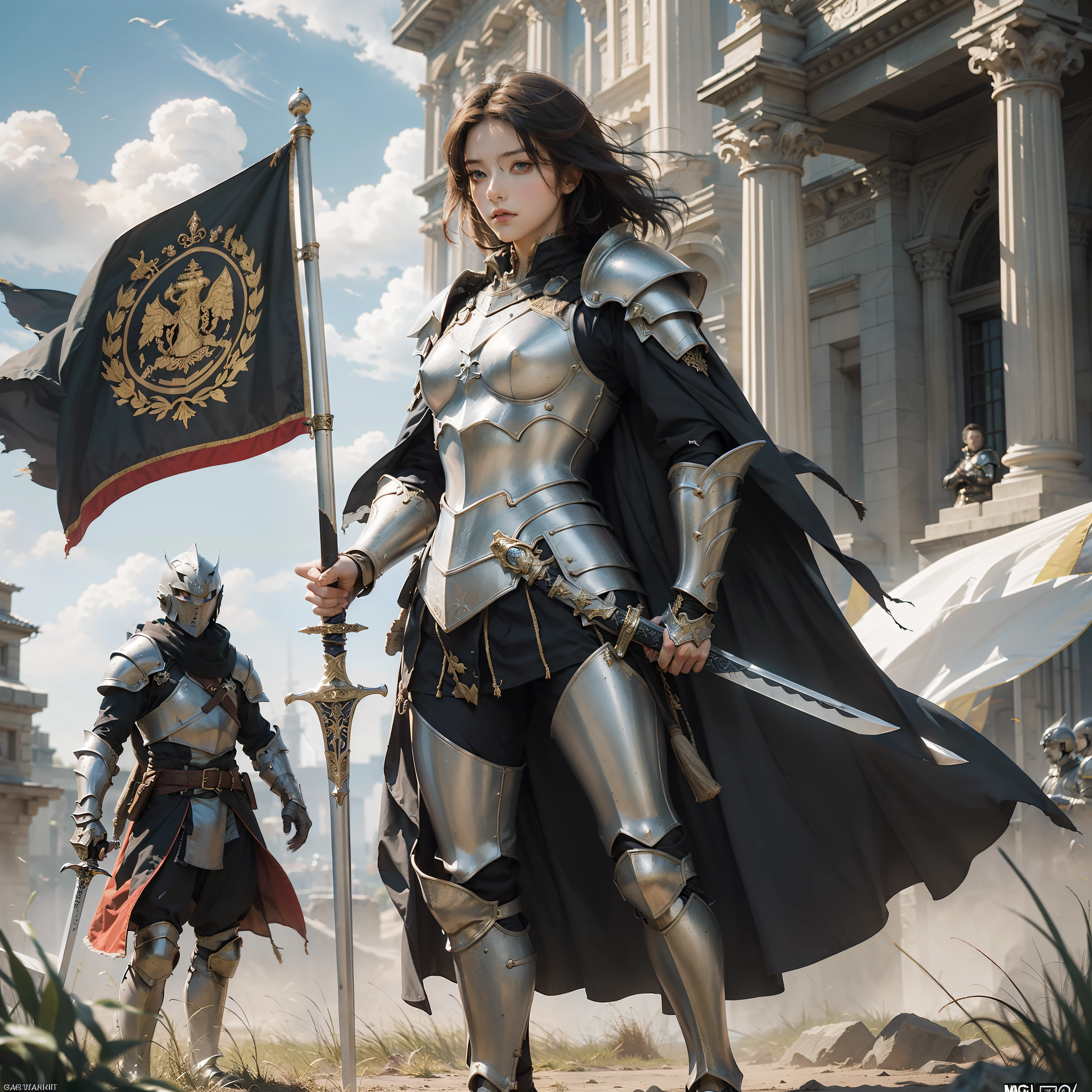 (masterpiece, top quality, best quality, official art, detailed:1.2), queen_meve, standing, outdoors, multiple boys, sky, solo focus, cloud, cape, armor, torn clothes, holding sword, gold armor , flag, knight, full armor,  army, 1girl