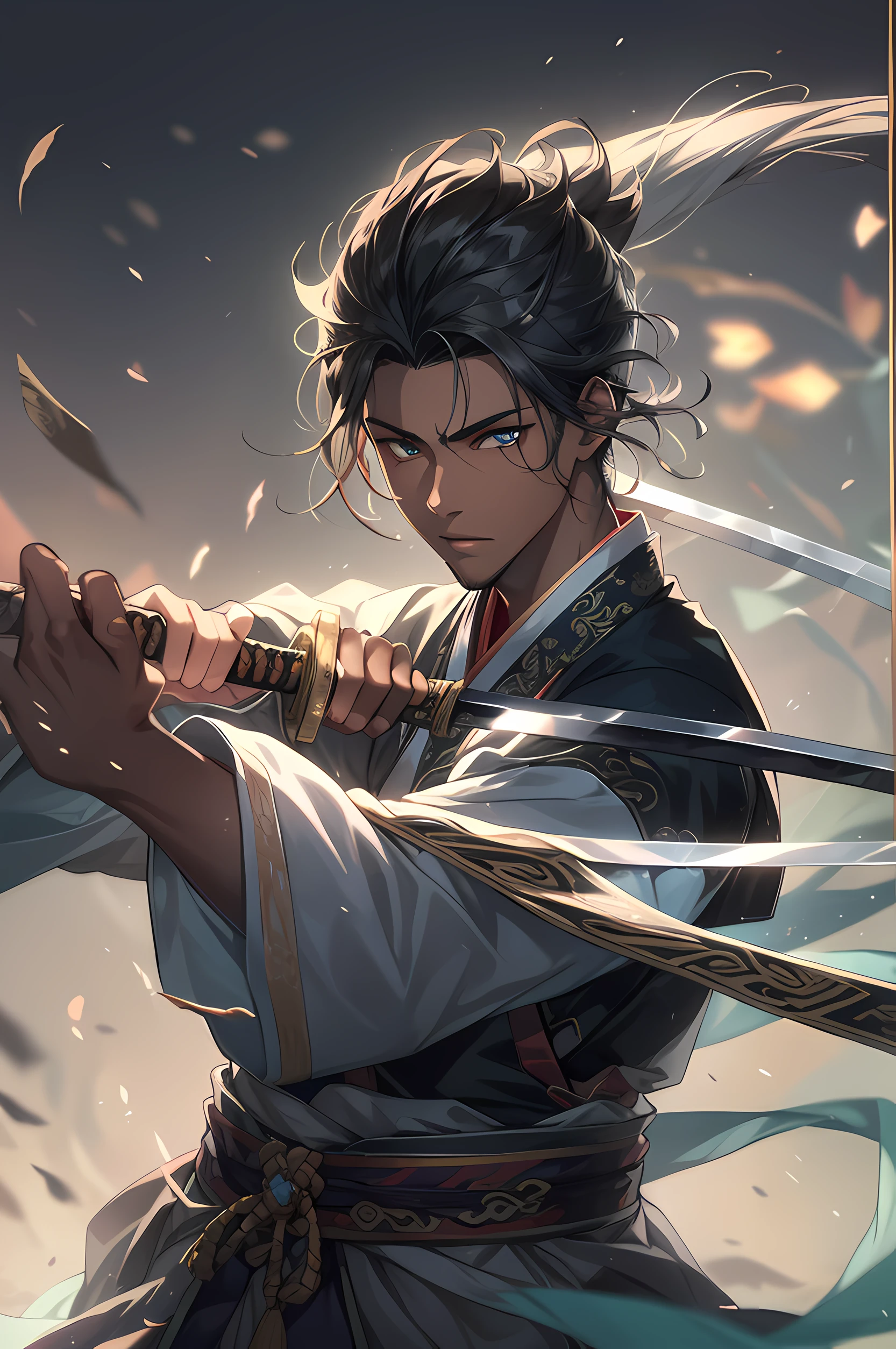 (a teenager male swings a Chinese sword),(handsome male), (hanfu), dark skinned male, dark skin, ink water surrounded,wind surrounded, clear face, clear and bright eyes, high detail, cinematic lighting, motion blur, ray tracing, reflection light, (close-up), masterpiece, best quality, high quality, high details, super detail, 1080P, UHD, HD