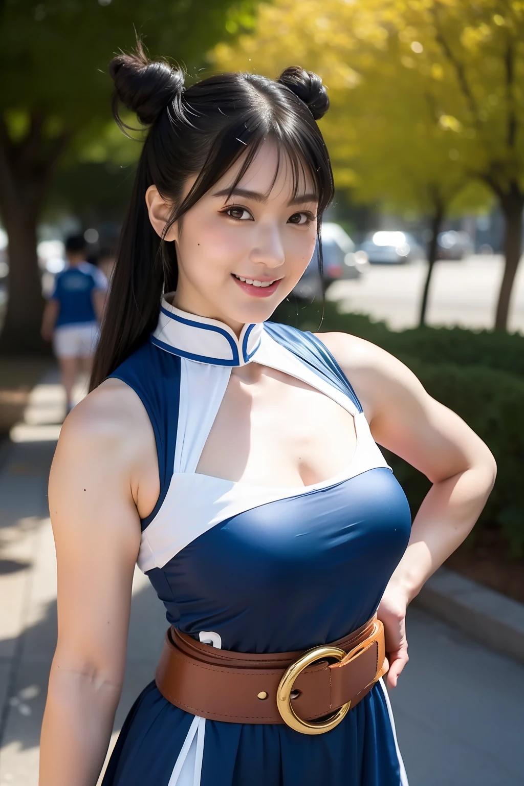 Chun-Li's red belt decoration,Street Fighters 2: Chun-Li Chariot Cosplay,Street Fighter Chun-Li Costume,Chun-Li headdress,(bun hair,curly,Black hair),Kicking pose,Filmed from below,Head-to-toe photos, full shot,Smile,happy face,big round breasts,(Cover-),Slender body type, Skin glowing with sweat,(moles,Pores),realisitic,Photorealistic:1.37, masutepiece, Best Quality,NFFSW (english) (english) (english) (english) (english) (english) (english) (english) (english) (english) (english) (english) (english) (english) (english) (english) (english) (english) (english) (english),ultra detail skin,With a delicate face,Excellent detail eye,Beautiful and delicate,detailed outfit,high res photo,Professional Light,Cinematic lighting