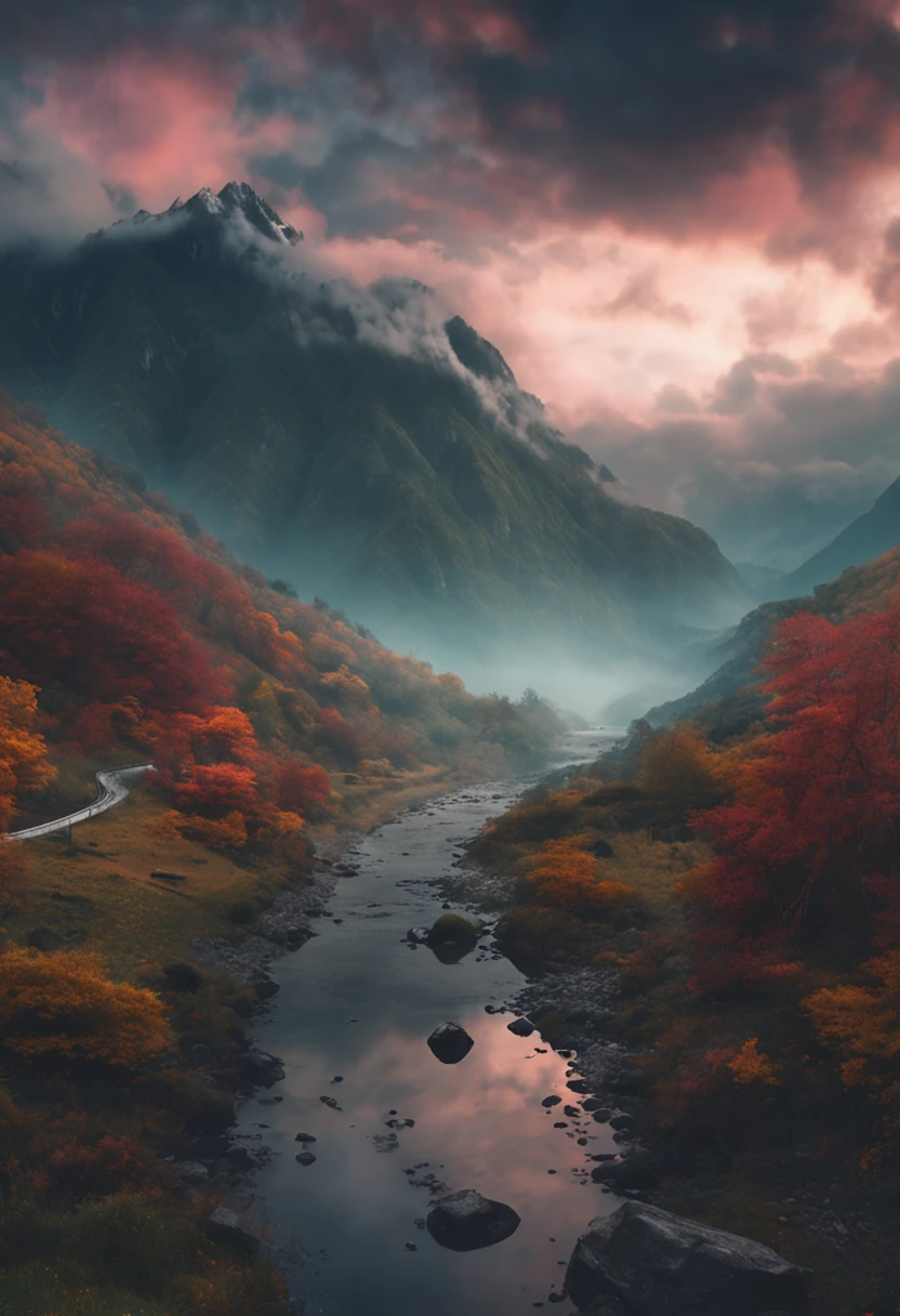 ghibli style, beautiful sky with mountains and river 4k wallpaper. Rainy and foggy atmosphere, evoking a moody and desolate future."