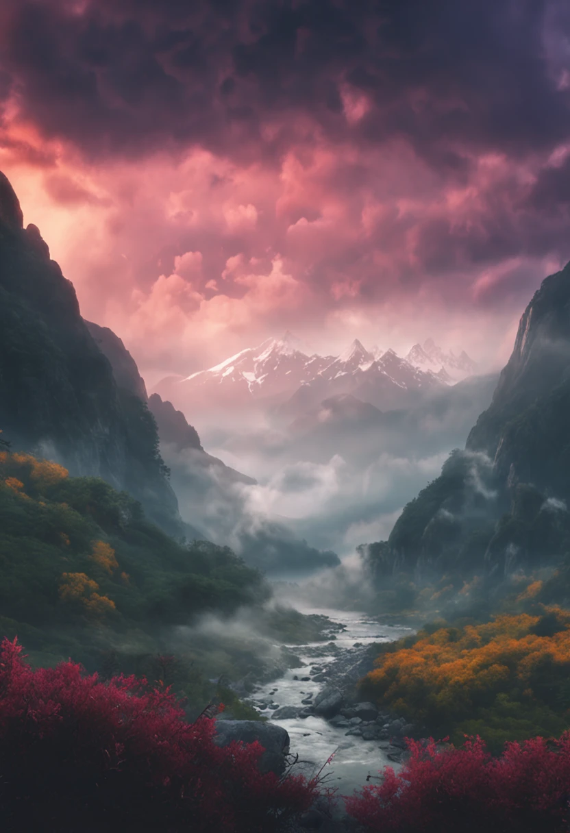 ghibli style, beautiful sky with mountains and river 4k wallpaper. Rainy and foggy atmosphere, evoking a moody and desolate future."