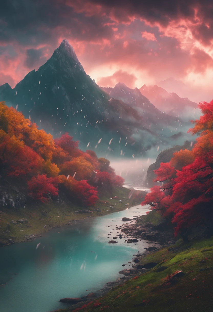 ghibli style, beautiful sky with mountains and river 4k wallpaper. Rainy and foggy atmosphere, evoking a moody and desolate future."