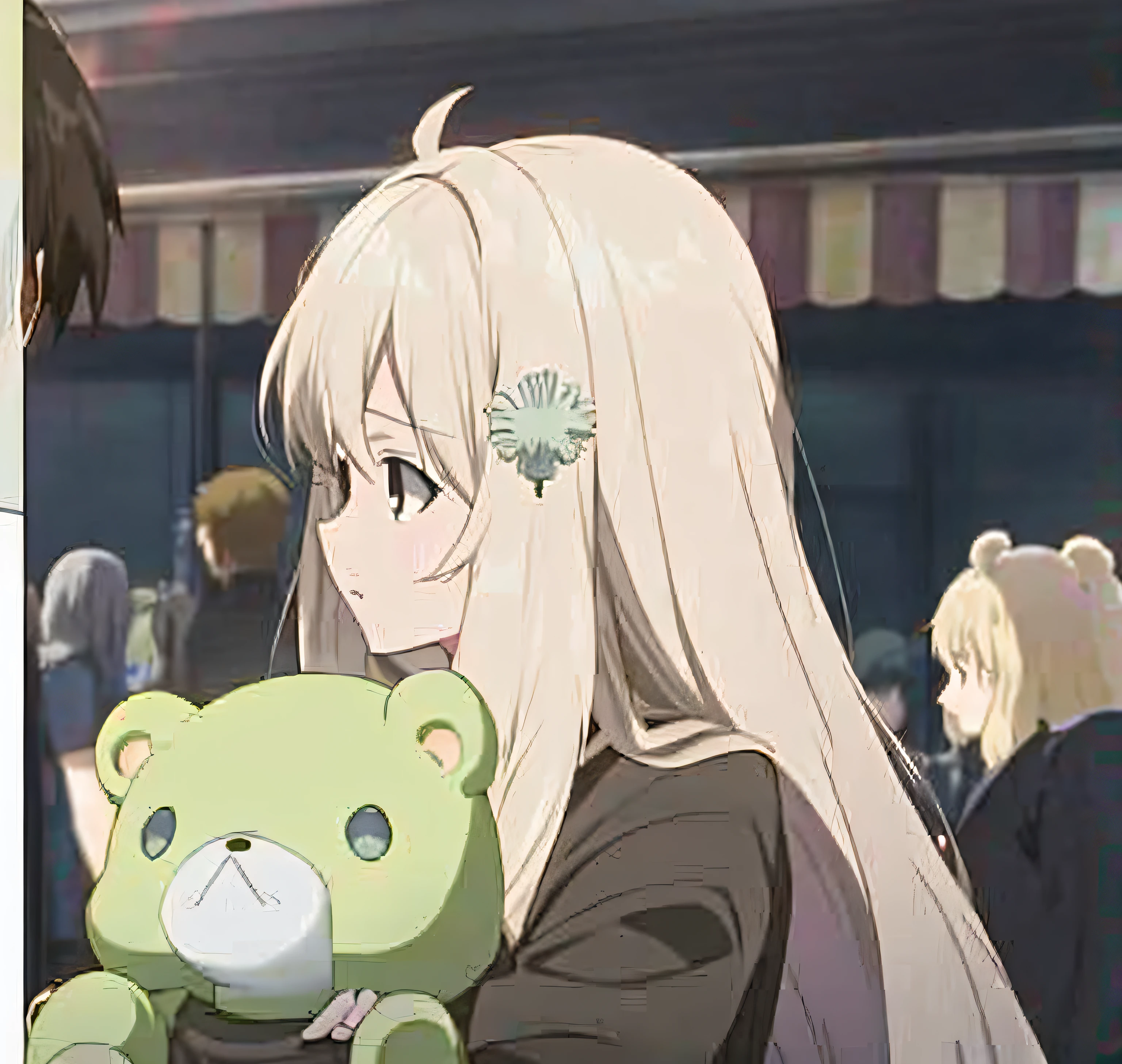 Anime characters standing in crowded places，teddy bears, screenshot from the anime film, anime visual of a cute girl, Today's featured anime stills, in the anime film, animated still, still from tv anime, screenshot from a 2012s anime, In the anime, Blonde anime girl with long hair, anime still film anime shikishi