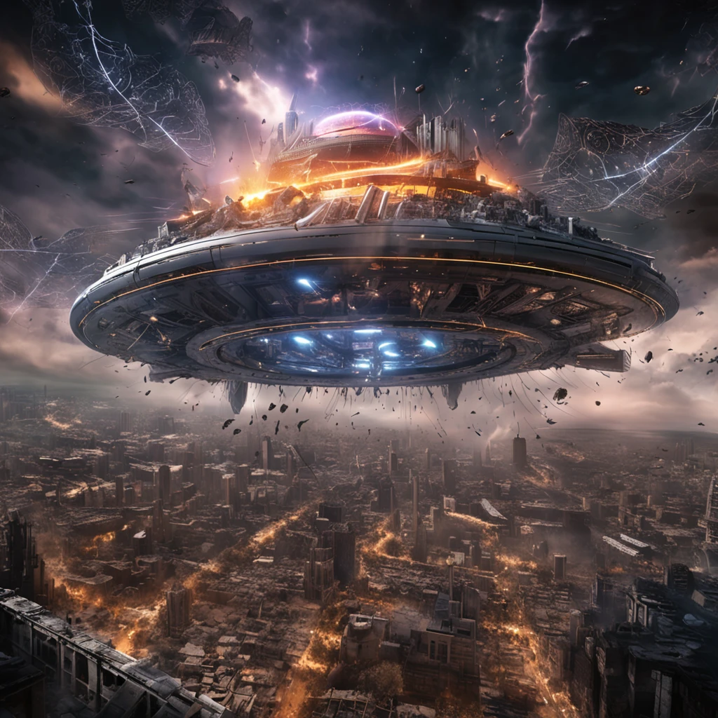 (masterpiece, extraterrestrial invasion:1.3), (captivating scene depicting an alien mothership looming in the sky:1.2), (meticulously crafted to capture the chaos and destruction unfolding:1.2), (the mothership's circular design and otherworldly appearance adding to the sense of awe:1.1), (a powerful laser beam emanating from the vessel, targeting the city below:1.1), (the destructive energy of the laser cutting through buildings and structures:1.1), (the cityscape already partially devastated, smoke and debris filling the air:1.1), (flames engulfing some buildings, adding a sense of urgency and peril:1.1), (people fleeing the destruction, their figures and expressions conveying fear and desperation:1.1), (the dark and ominous sky reflecting the impending doom:1.1), (a portrayal that captures the intensity and drama of an alien attack:1.1), (meticulous detailing of the destruction, smoke, and debris:1.1), (the sense of motion and chaos in the scene adding to the visual impact:1.1), (an image that prompts viewers to imagine the scale of the devastation and the otherworldly threat:1.1), (an artwork that merges science fiction and realism to evoke a powerful emotional response:1.1)), Cinematic, Hyper-detailed, insane details, Beautifully color graded, Unreal Engine, DOF, Super-Resolution, Megapixel, Cinematic Lightning, Anti-Aliasing, FKAA, TXAA, RTX, SSAO, Post Processing, Post Production, Tone Mapping, CGI, VFX, SFX, Insanely detailed and intricate, Hyper maximalist, Hyper realistic, Volumetric, Photorealistic, ultra photoreal, ultra-detailed, intricate details, Super detailed, Full color, Volumetric lightning, HDR, Realistic, Unreal Engine, 16K, Sharp focus, Octane render