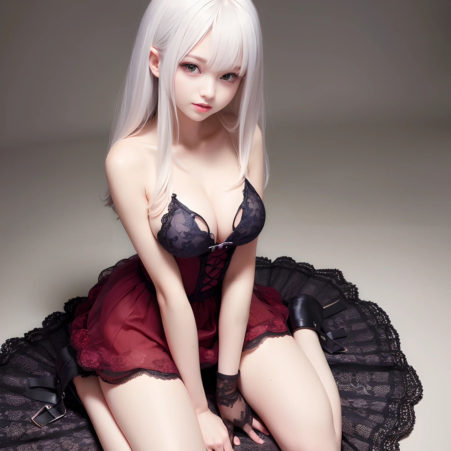 pinch your lips and beg for a kiss sit astride, straddling, wariza, yokozuwari, super high image, super detail, super high resolution, anime, manga, illustration, super cute beauty, make up, ecstatic expression, amorous expression, seductive look, white glossy wavy flowing layered messy short hair, blue big sparkling eyes, red alluring moist lips, lace baby doll dress, large breasts, under boob, side boob, great proportion, perfect proportion, slender, full body