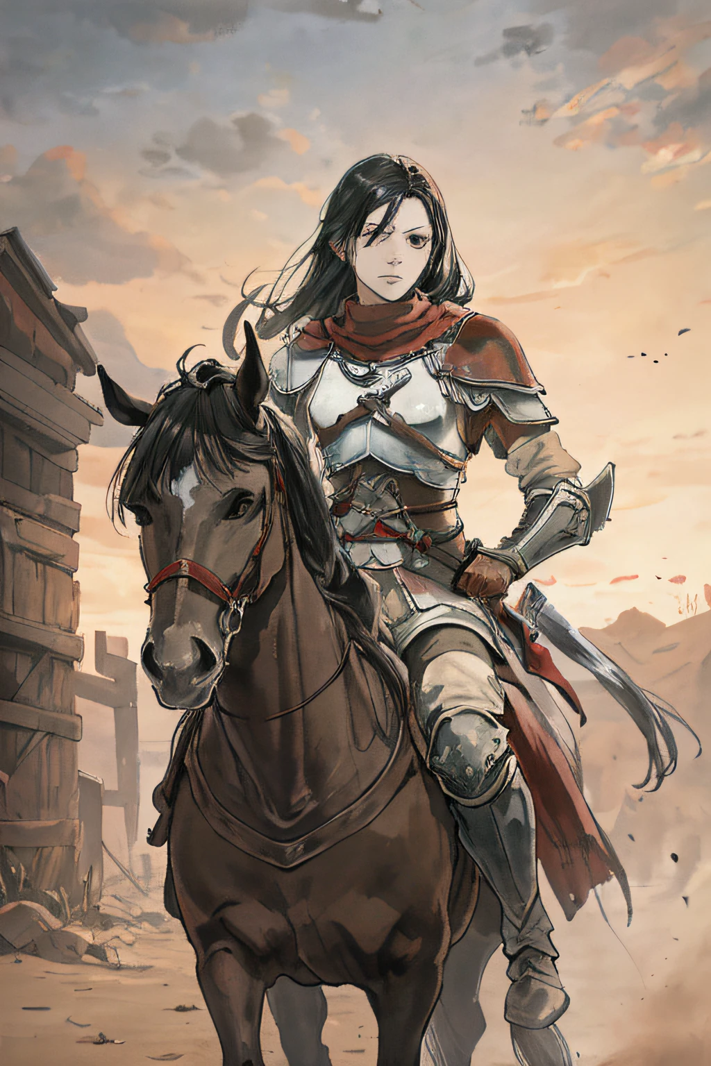 Portrait of a warrior woman stands in front of horse, Assassin's Creed game, photo realistic, post apocalypt