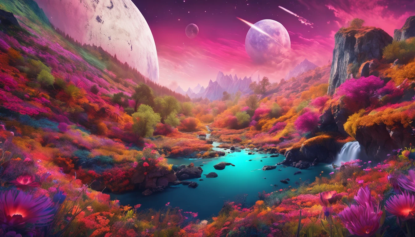 A lone astronaut explores a distant planet covered in a mesmerizing tapestry of colorful flowers and lush forests. As the stars twinkle above, the landscape is bathed in an otherworldly glow that defies imagination