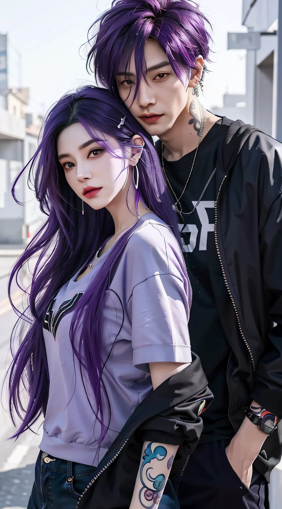 The Arad couple with purple hair and piercings pose for a photo, Guviz-style artwork, Guviz, loish and ross tran, inspired by Yanjun Cheng, realistic art style, Style anime, Anime style. 8K, guweiz masterpiece, realistic anime artstyle, author:yanjun cheng, by Yang J