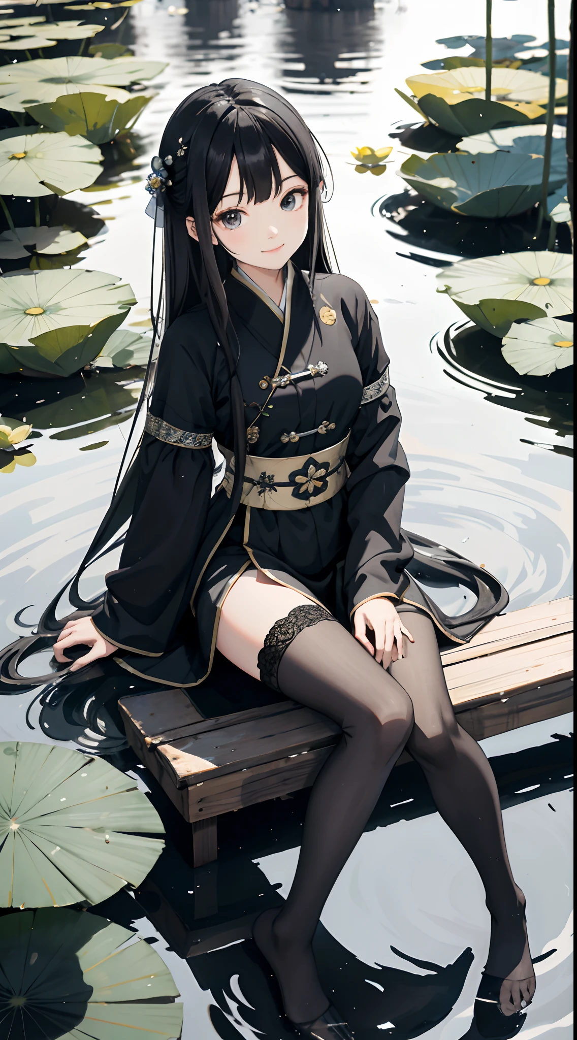 hoang lap,8K high resolution,ultra - detailed,(1girll:1.3),handpainted,Simple lines,16-year-old girl wearing black Chinese clothing,beuaty girl,In the lotus pond,tmasterpiece,Sit on a plank floating in the water,Floating hair,black pantyhoses,black pantyhoses,looking toward the viewer,ssmile,posed for photo,Tajiro legs