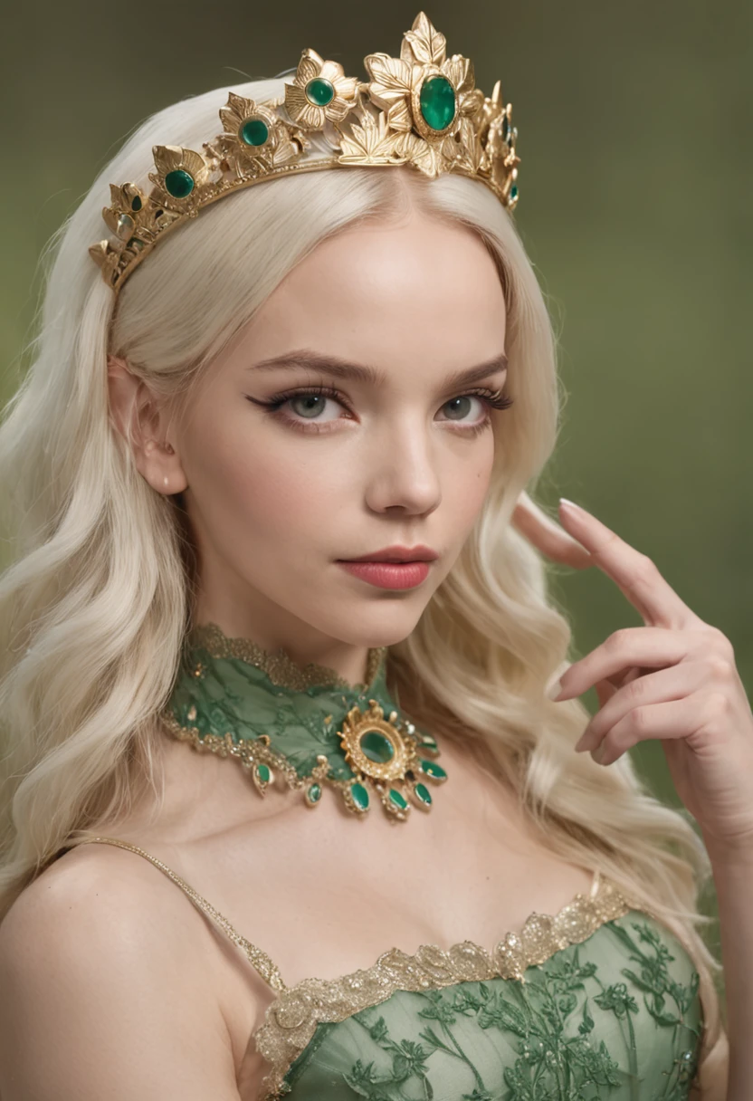 Retrato de uma mulher jovem, (((cabelos platinados))), olhos verdes [Dove Cameron: Scarlett Johansson: 0,20], usando roupas de elfo, ((estilo fantasia)), usando coroa de elfo, Hora de ouro, art-station, Sony DSLR Camera, lentes de 35mm, discreto