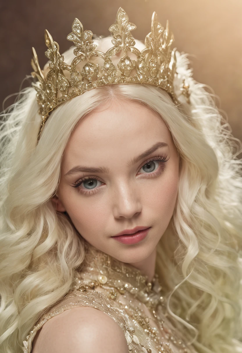 Retrato de uma mulher jovem, (((cabelos platinados))), olhos verdes [Dove Cameron: Scarlett Johansson: 0,20], usando roupas de elfo, ((estilo fantasia)), usando coroa de elfo, Hora de ouro, art-station, Sony DSLR Camera, lentes de 35mm, discreto