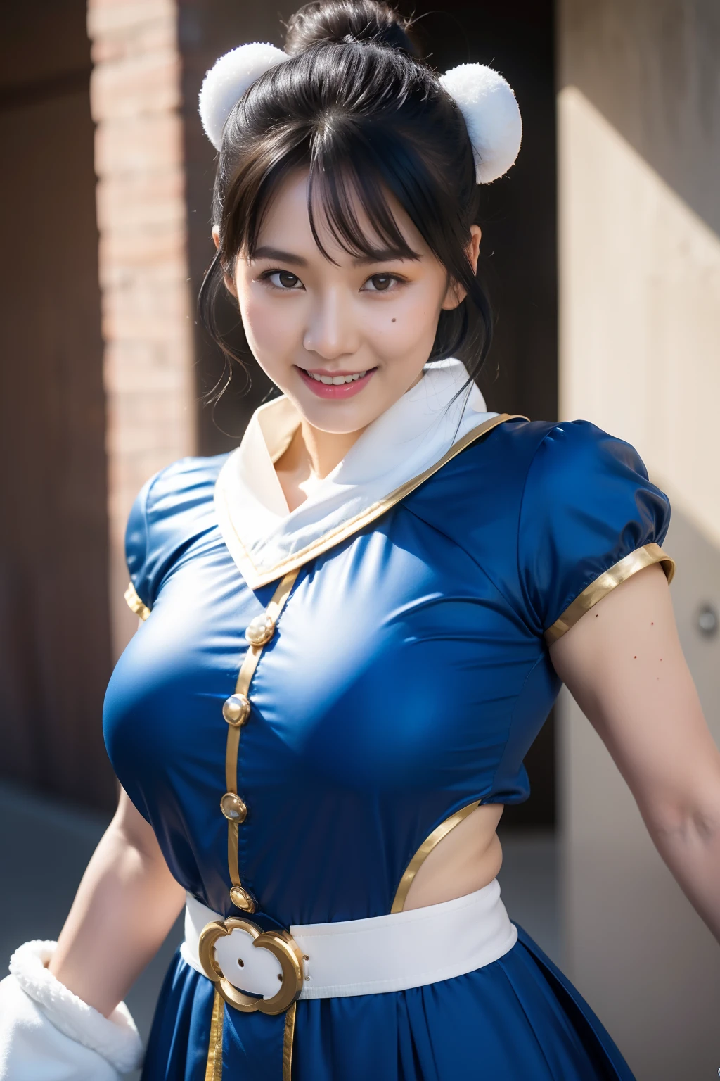 Chun-Li from Street Fight II,perfect chun li costume,Blue cheongsam with gold lines,Bun head,bun cover,fighting pose,masterpiece、1 beautiful girl、fine eyes、puffy eyes、highest quality, 超High resolution, (reality: 1.4), movie lighting、Japanese、asian beauty、Korean、super beautiful、beautiful skin、body facing forward、close up of face、(超reality的な)、(High resolution)、(8k)、(very detailed)、(美しくfine eyes)、(Super detailed)、 (wall-)、detailed face、bright lighting、professional lighting、looking at the viewer、look straight ahead、slanted bangs、Nogizaka Idol、korean idol、masterpiece, highest quality, masterpiece, highest quality, perfect face, perfect brown eyes with white sclera, bad move-5, alone, 1 girl, Upper body, brown hair, From SF2, Chinese service, smile, muscular woman, blue clothes, pantyhose, pelvic curtain, Puffy short sleeves, Good cover, sash, evaluation:safety