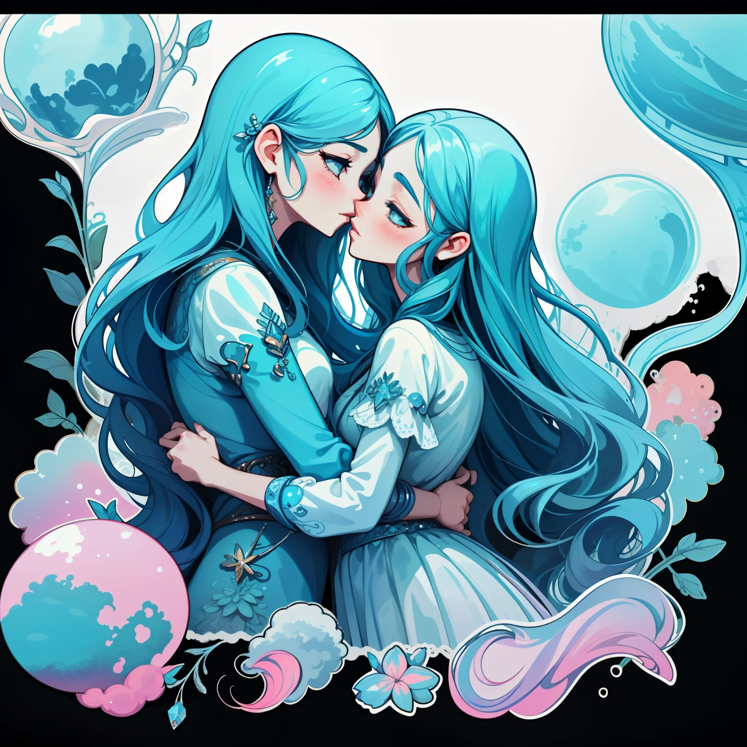 adesivo, fundo simples, portrait, 2 girls, couple, kissing, girl with long hair, beautiful aquarius girl, aquarius aesthetic, beautiful girl, very beautiful fantasy art, beautiful and elegant female aquarius, beautiful detailed fantasy, aquamarine and white color palate, aquamarine color-theme