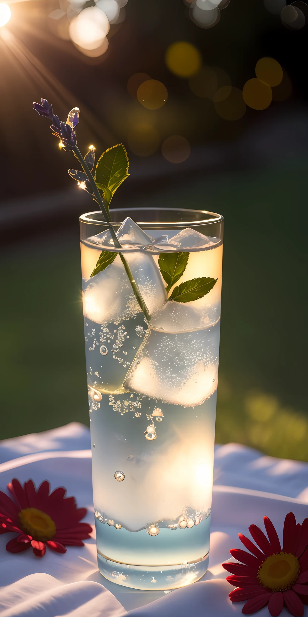 A glass with drops of water filled with carbonated drinks, translucent liquid, ice cubes, bubbles, a floral crown of daisies and lavender on picnic tablecloths, midday outdoor lighting, open air, natural background, summer day, hot weather, high detail, very humid humidity, high brightness, wet watermarks, overdetail, super detail superdetailing, surrealism, soft light, studio lighting, diffuse soft light, shallow depth of field, sharp focus, bokeh effect, light tracking, subsurface scattering, complex soft light, diffuse soft light, highly detailed glass reflection, ultra-thin (superfine, ultra-thin) (thin, fine, ultra-detailed), cinematic, surrealism, armature, best quality, ultra-high resolution (photorealistic: 1.4), high resolution, detail, raw photography, clear reproduction, stock camera 4 kodak portra 400, f1.6 lens, realistic texture, dramatic lighting, unreal engine, popular on artstation, cinemas up to 800 ,