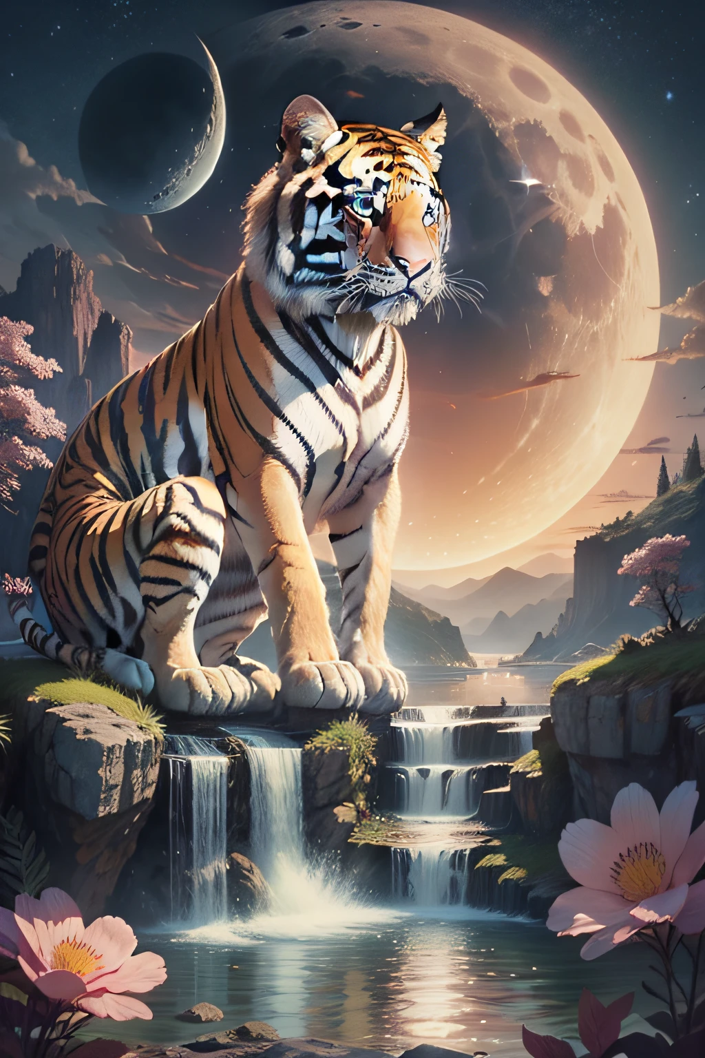 island，sky，moon，fairy，clock，waterfall，pink， tiger