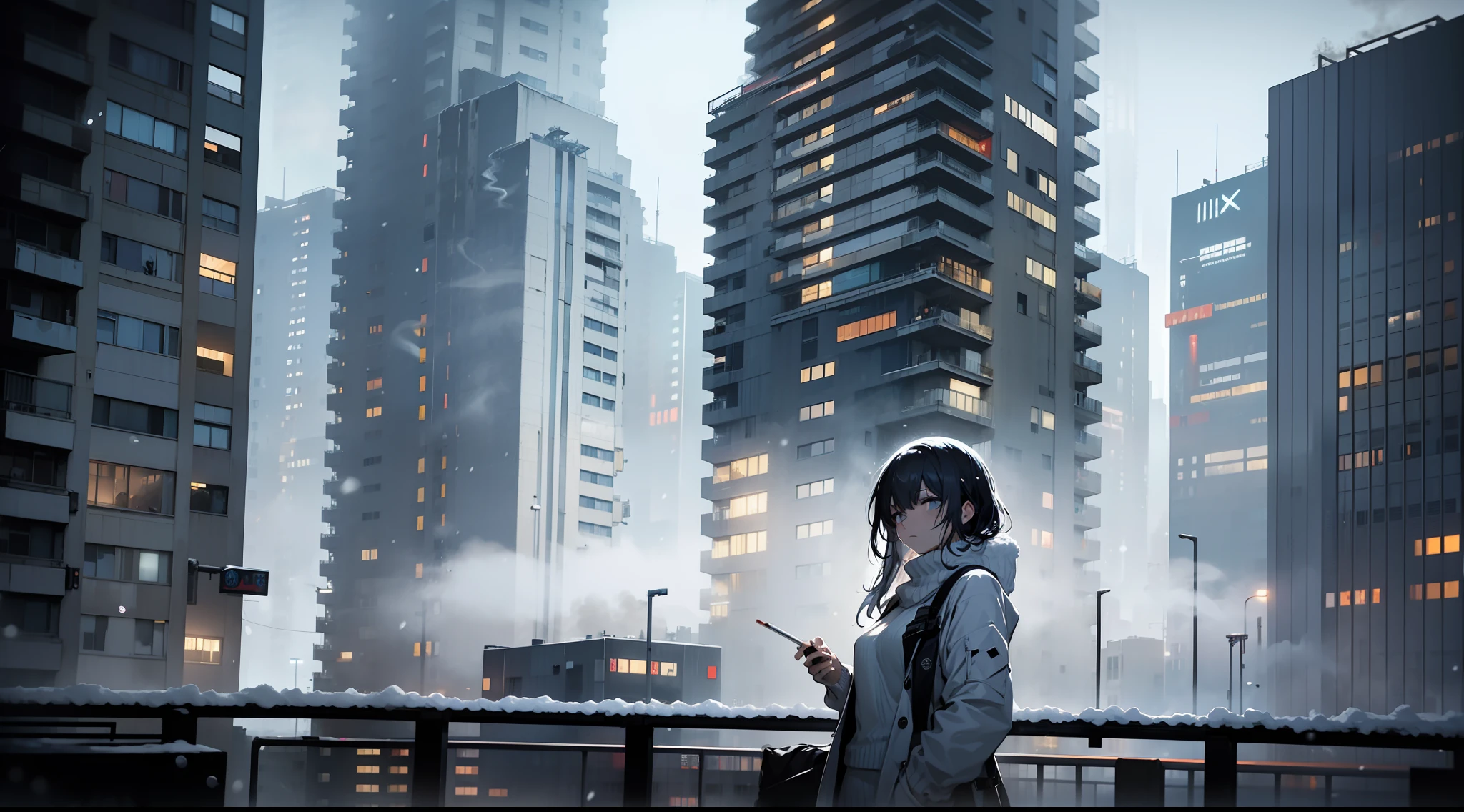 one woman, leaning on the railing of the balcony of high rise building, wearing white sweater, alone, midnight, sad mood, ultra detail, snow, dark, smoking, bleak, sad, alone, cyberpunk, winter, snowing, foggy, far shot, cigarette, visually busy, visual clutter