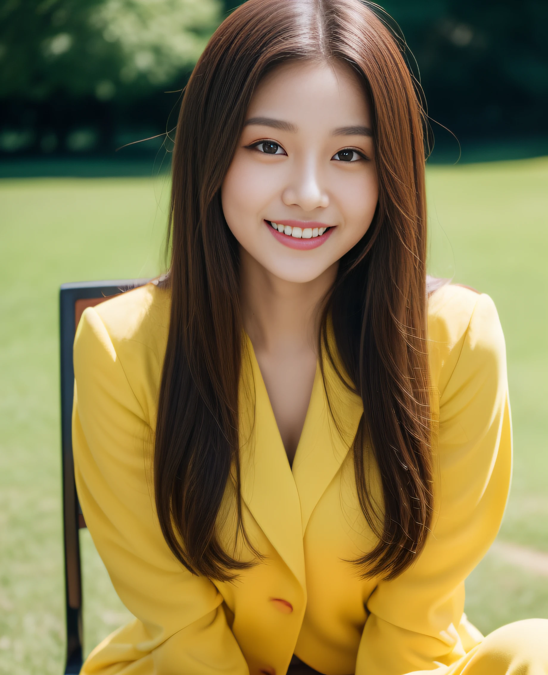 ((best quality, 8K, masterpiece: 1.3)), beautiful girl, pure, melon face, kind and cute, sweet smile, pure desire, slender body, (front), (tilted head), ((looking at camera) ), wearing a yellow suit, black silky long hair, long flowing shoulders, round black big eyes, clear big eyes, moist red lips, sweet, sitting on a chair, park background , (((whole body))),