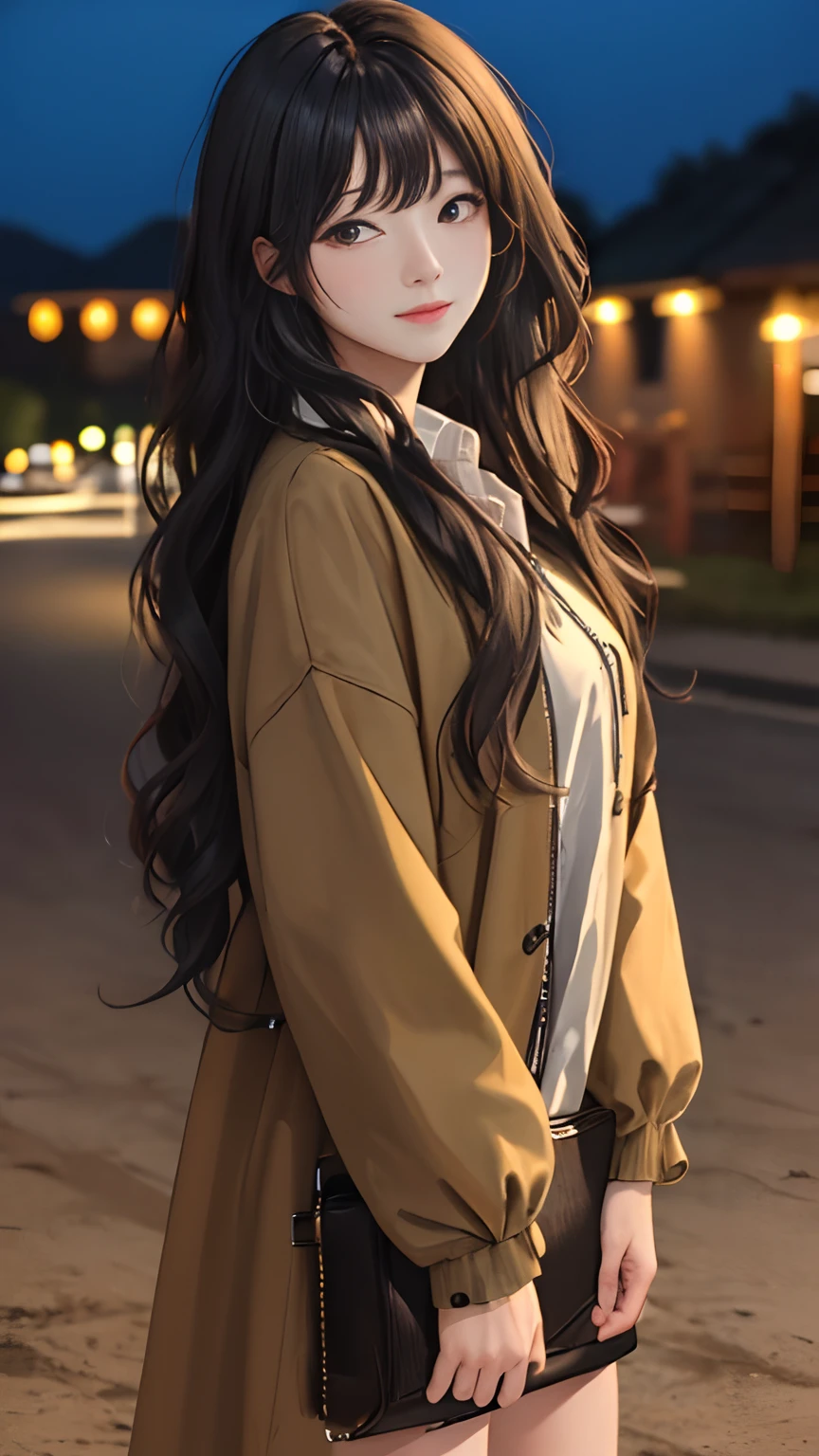 (masterpiece:1.2), (best quality:1.2), night, (looking at viewer), bright skin, cowboy shot,
outdoors, fringe,
long hair, (wavy hair),