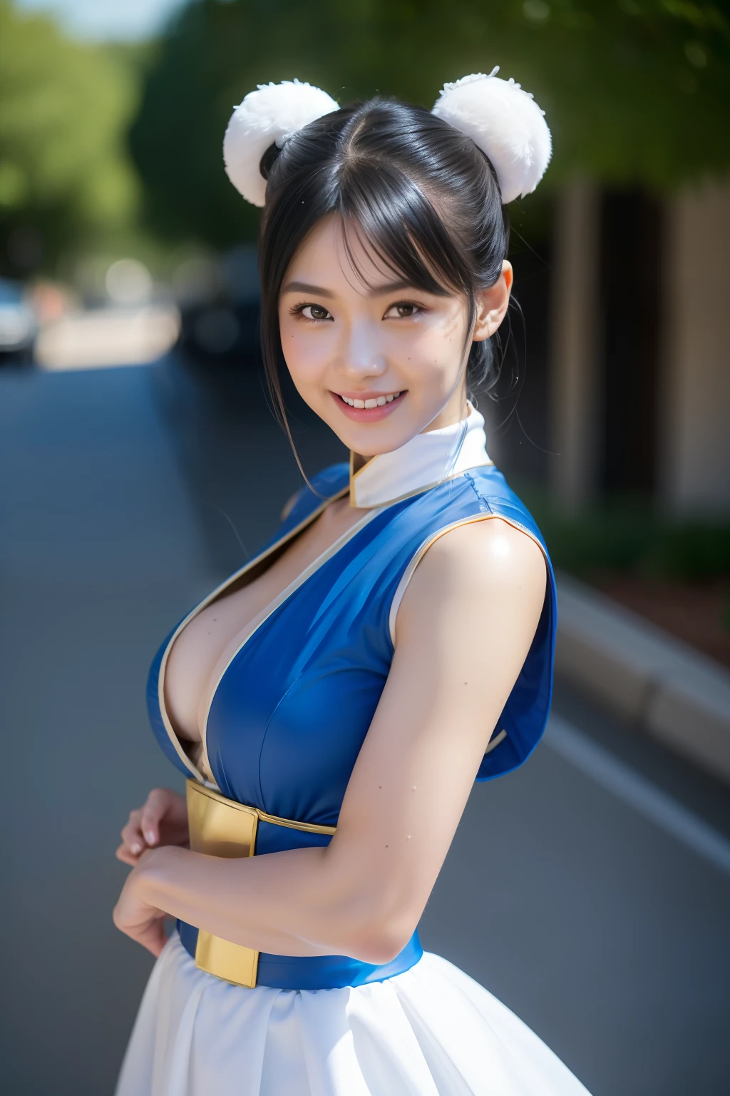 Chun-Li's red belt decoration,Street Fighters 2: Chun-Li Chariot Cosplay,Street Fighter Chun-Li Costume,Chun-Li headdress,(bun hair,curly,Black hair),Kicking pose,Shooting from bottom to top,Head-to-toe photos, full shot,Smile,happy face,big round breasts,(Cover-),Slender body type, Skin glowing with sweat,(moles,Pores),realisitic,Photorealistic:1.37, masutepiece, Best Quality,NFFSW (english) (english) (english) (english) (english) (english) (english) (english) (english) (english) (english) (english) (english) (english) (english) (english) (english) (english) (english),ultra detail skin,With a delicate face,Excellent detail eye,Beautiful and delicate,detailed outfit,high res photo,Professional Light,Cinematic lighting
