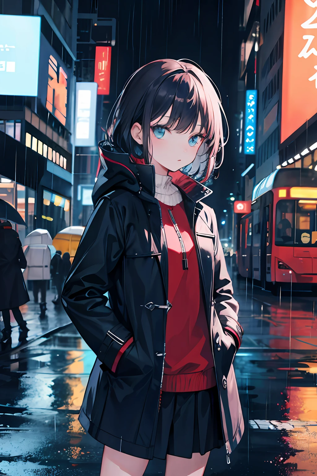 1girl, Night City, rain, coat, hands in pockets