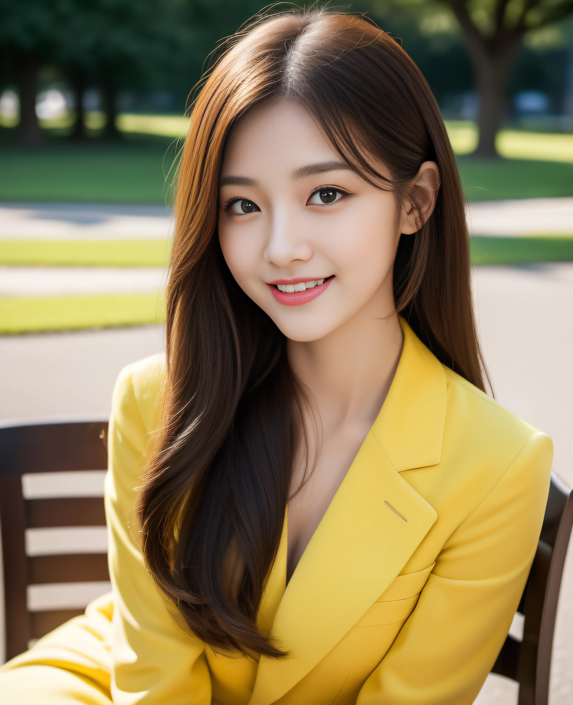 ((best quality, 8K, masterpiece: 1.3)), beautiful girl, pure, melon face, kind and cute, sweet smile, pure desire, slender body, (front), (tilted head), ((looking at camera) ), wearing a yellow suit, black silky long hair, long flowing shoulders, round black big eyes, clear big eyes, moist red lips, sweet, sitting on a chair, park background , (((whole body))),