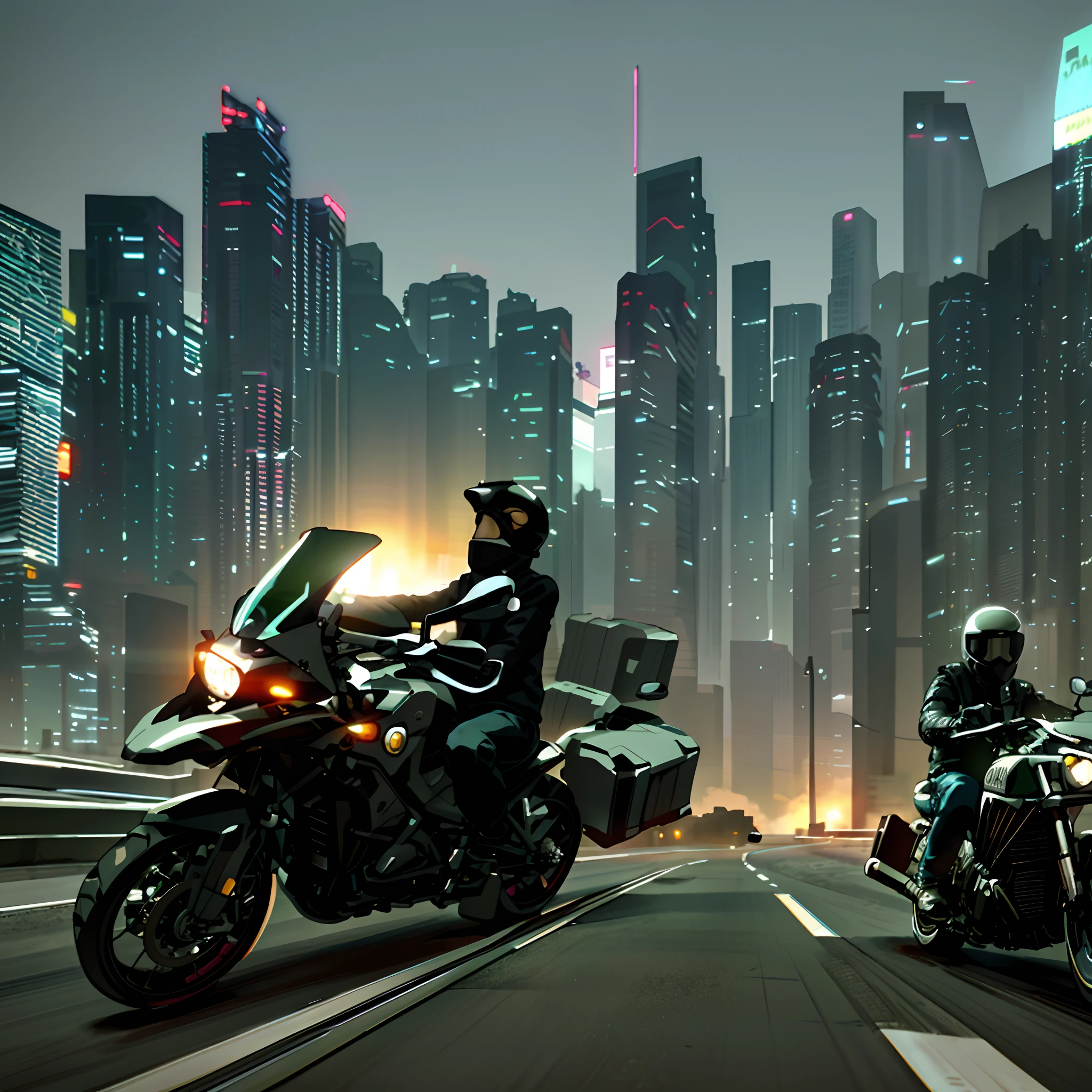 Motorcycles on city streets,The background is the city skyline, sitting on cyberpunk motorbike, riding a futuristic motorcycle, 2D game art GTA cover, 2D game art GTA cover, motorcycle, at cyberpunk city, motorbiker, 2D game art GTA5 cover, City in the background, 3 d render and matte painting, cyber punk style,(Black locomotive),Detail restoration,Black motorcycle