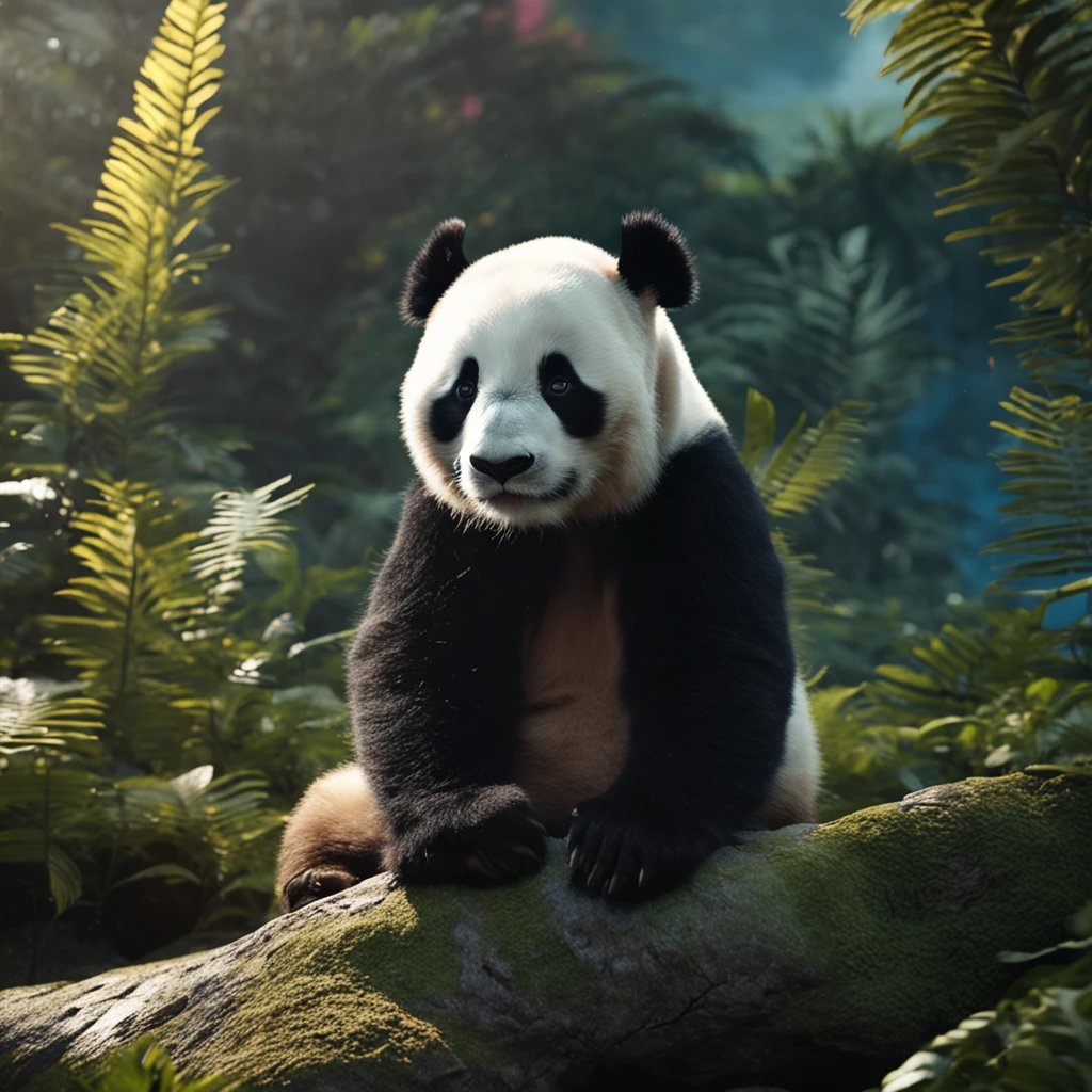 tmasterpiece, best qualityer, cinematic Film still from, Two pandas, Close-up Shot Shot,Bright and bright, cheerfulness, Soft lighting and warmth, natta, Panda looking up at the sky in the forest