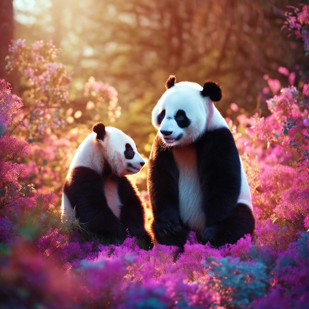tmasterpiece, best qualityer, cinematic Film still from, Two pandas, Close-up Shot Shot,Bright and bright, cheerfulness, Soft lighting and warmth, natta, Panda looking up at the sky in the forest
