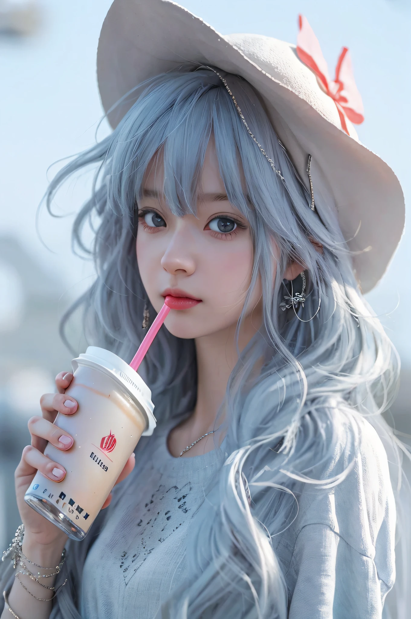 Close-up of a man with a drink and a hat, Guviz-style artwork, Realistic anime 3 D style, anime styled 3d, anime girls drink Energy drink, Kawaii realistic portrait, Guviz, 3 d anime realistic, Smooth anime CG art, Cute detailed digital art, Anime style. 8K, Realistic young anime girl