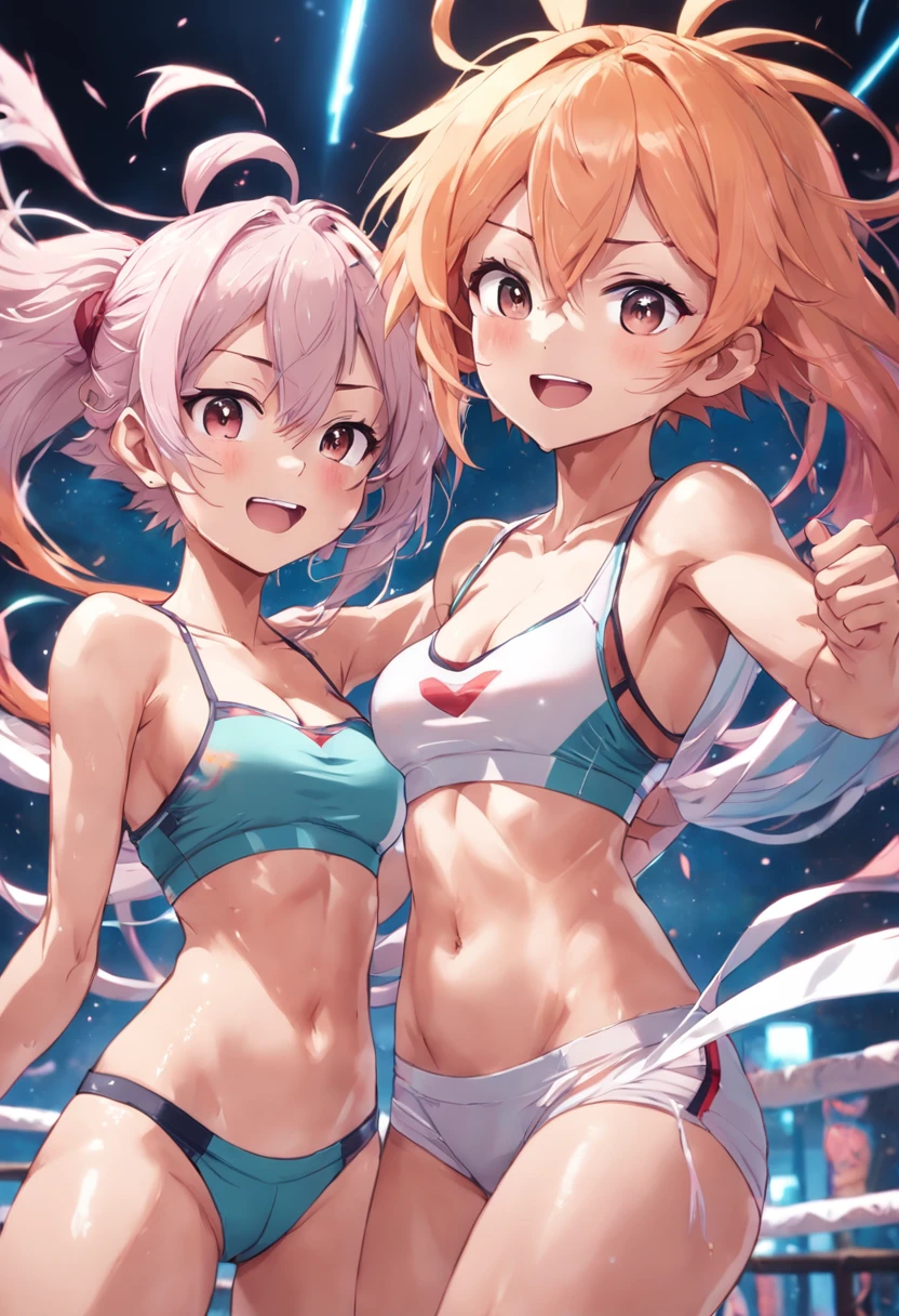 ((Two young women)), (anime), poses de corpo inteiro, exercitando-se intensamente em uma academia, wearing sports bras and floss made of transparent fabric, com suor brilhando em seus corpos. Both have short, messy multicolored hair with smiling faces, and one of them has visible pubic hair. They have toned athletic bodies with slim waists and huge breasts. (Mamilo inchado:1.3)