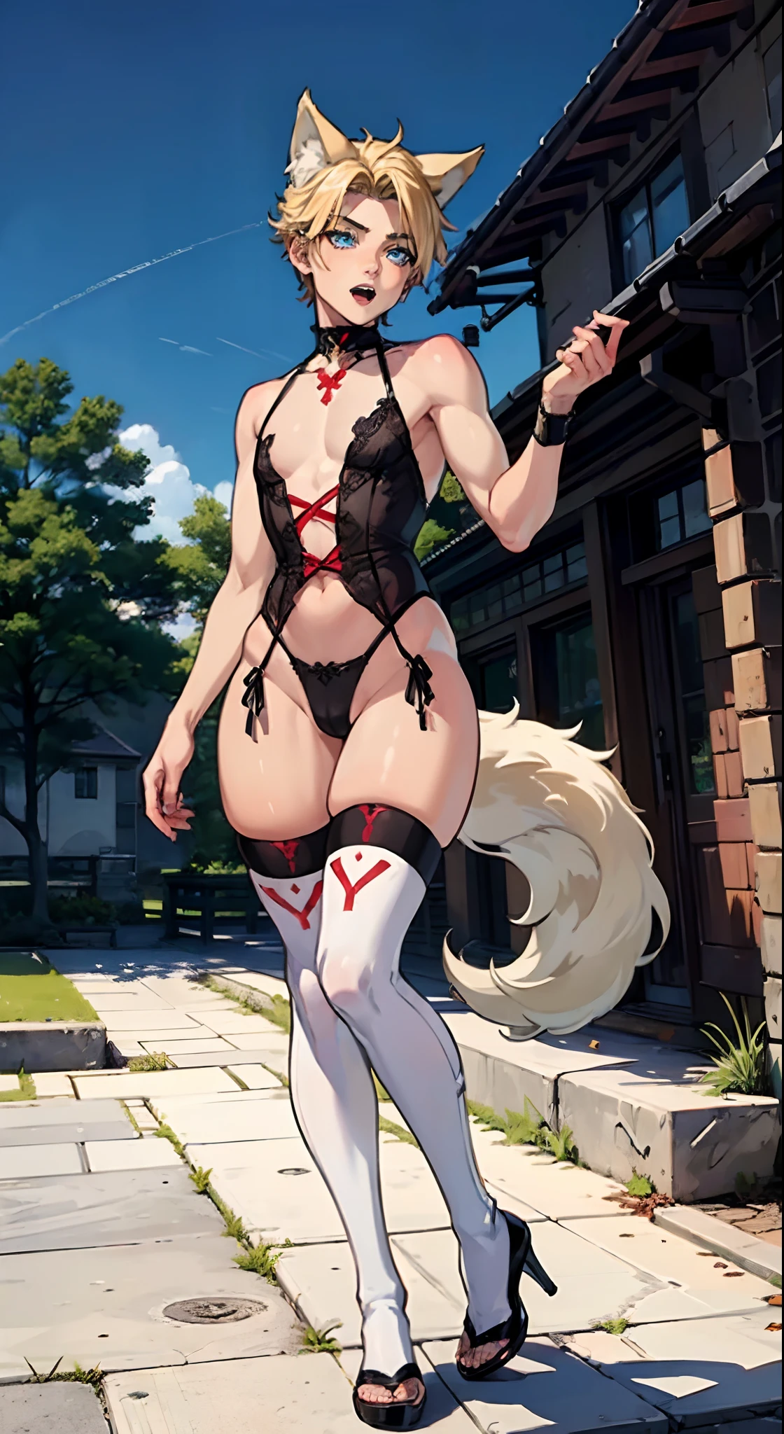 ((((((1boy)))))), fluffy blonde hair, ((big sharp wolf ears)), wolf tail, slim figure, ((pale skin)), sky blue eyes, joyful, big thighs, lingerie thigh socks, big butt, fangs, slim waist, lean figure, skin pale, youthful appearance, (((bulge)))