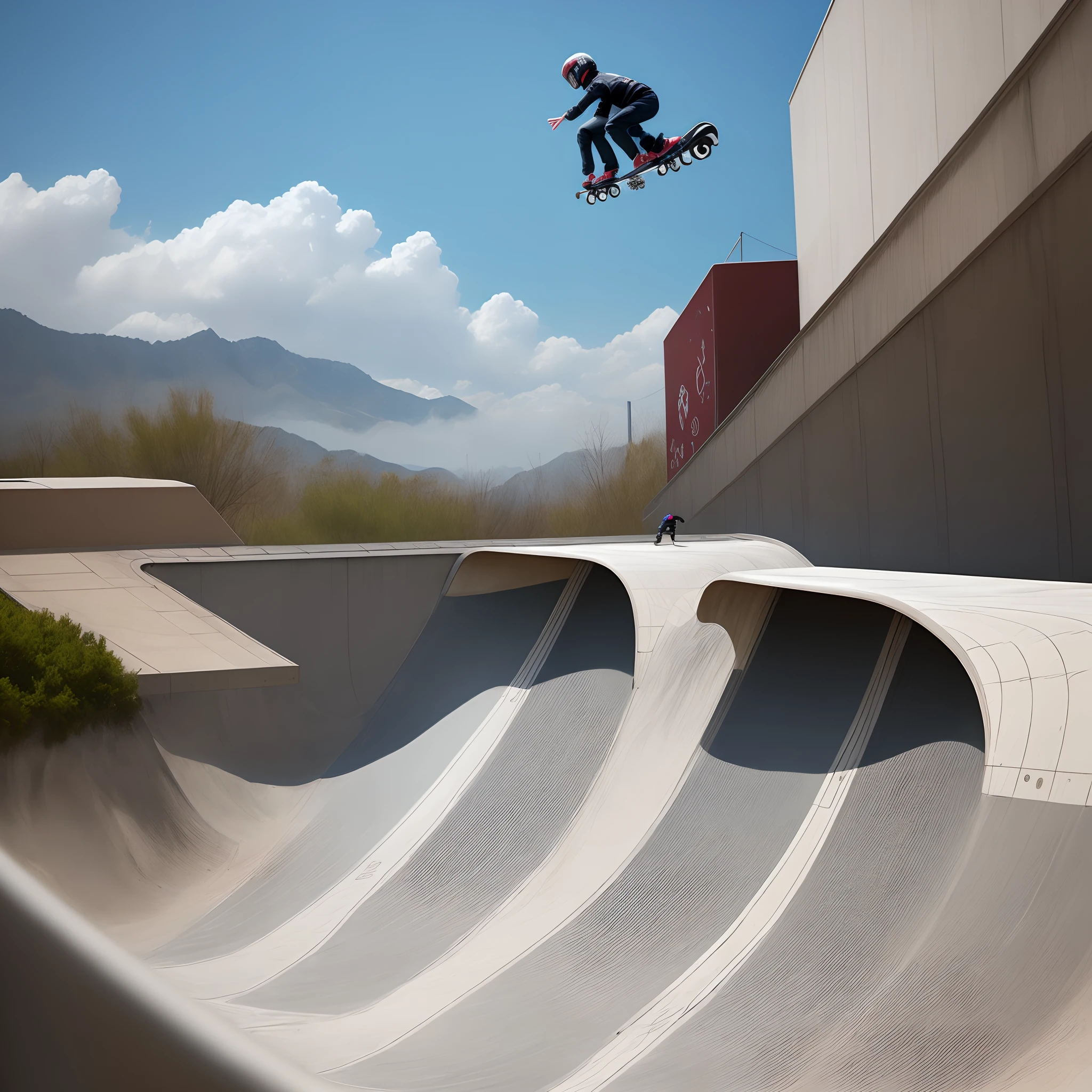 In a science fiction world, a roller skater jumps out of a halfpipe to do stunts