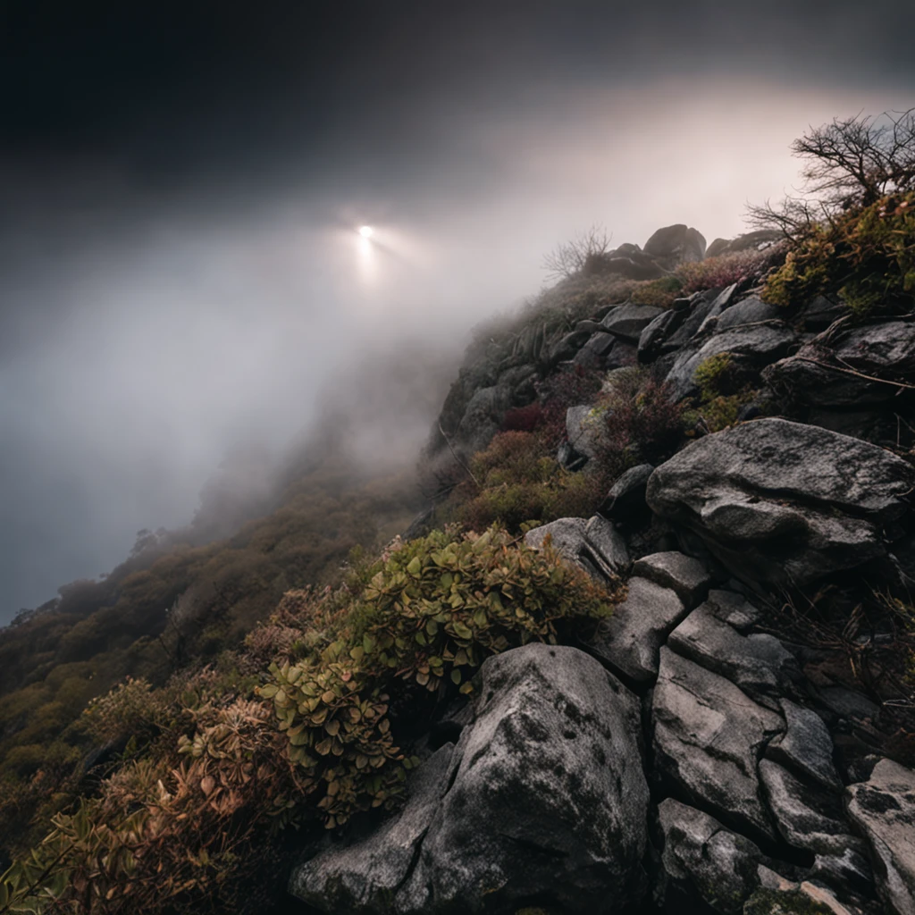 Magnificent view,Forest mountain landscape photography,Nature,It just rained,Harsh winter,Bushes in the moonlight,breeze, Eau,Rocks at night,Boulders,cobblestones,1 Moist white Phalaenopsis orchid in moonlight on the edge of the cliff,foggy sky,Nightmare vision, Dark fantasy plot,Perfect and excellent composition,8K分辨率,the detail,Rain trails,dampness,water stain,very wide angle shot,Jack Guzman's environmental art photography,realisticlying,cinematic compositions,Volumetriclighting,vividness, A detailed, stunning skies, Colorful clouds float,true to life, Pubic area is clear, flawless perfection, Digital SLR, 16k, 1024, 2048, 4096, A detailed, Sharp, best qualtiy, high qulity, absurderes,unmanned background,The is very detailed、Detailed lighting shadows,Trends on ArtStation、iintricate、high detal、dramatics、Midjourney Art(Volumetriclighting:1.2)hdr shot。(Faraway view,Super deep view,ultra-wide-angle,Microfocal length lens:1.2)(realisticlying:1.4)tmasterpiece、high high quality、Beautiful photography、globalillumination、