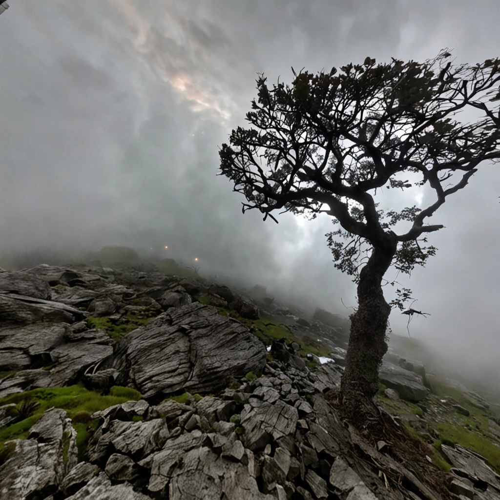 Magnificent view，Forest mountain landscape photography，Nature，It just rained，Harsh winter，Bushes in the moonlight，breeze， Eau，Rocks at night，Boulders，cobblestones，1 Moist white Phalaenopsis orchid in moonlight on the edge of the cliff，foggy sky，Nightmare vision， Dark fantasy plot，Perfect and excellent composition，8K分辨率，the detail，Rain trails，dampness，water stain，very wide angle shot，Jack Guzman's environmental art photography，realisticlying，cinematic compositions，Volumetriclighting，vividness, A detailed, stunning skies, Colorful clouds float，true to life, Pubic area is clear, flawless perfection, Digital SLR, 16k, 1024, 2048, 4096, A detailed, Sharp, best qualtiy, high qulity, absurderes，unmanned background，The is very detailed、Detailed lighting shadows，Trends on ArtStation、iintricate、high detal、dramatics、Midjourney Art（Volumetriclighting：1.2）hdr shot。（Faraway view，Super deep view，ultra-wide-angle，Microfocal length lens：1.2）（realisticlying：1.4）tmasterpiece、high high quality、Beautiful photography、globalillumination、