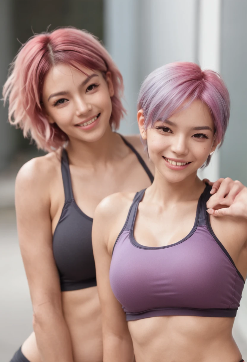 ((Two young women)), (anime), poses de corpo inteiro, exercitando-se intensamente em uma academia, wearing sports bras and floss made of transparent fabric, com suor brilhando em seus corpos. Both have short, messy multicolored hair with smiling faces, and one of them has visible pubic hair. They have toned athletic bodies with slim waists and huge breasts. (Mamilo inchado:1.3)