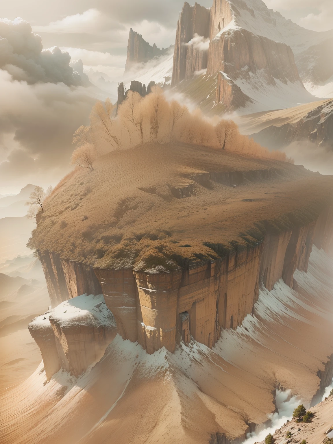 High hills,Huge cliffs,Clouds surround the mountainside