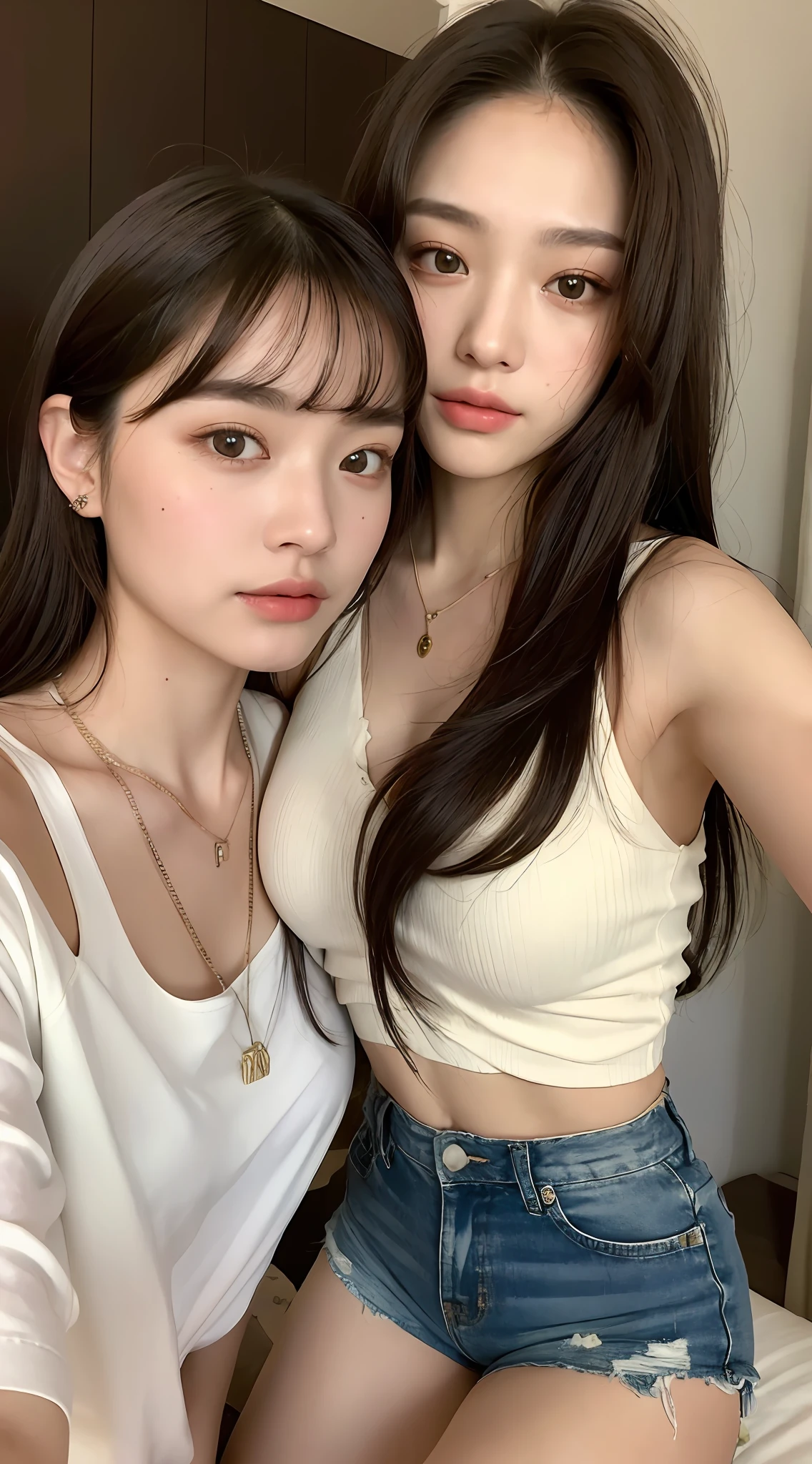 (real, High resolution:1.3), Two girls with perfect bodies, Very beautiful face and eyes,Long Hair, Random color tank top:1.2, Short jeans,