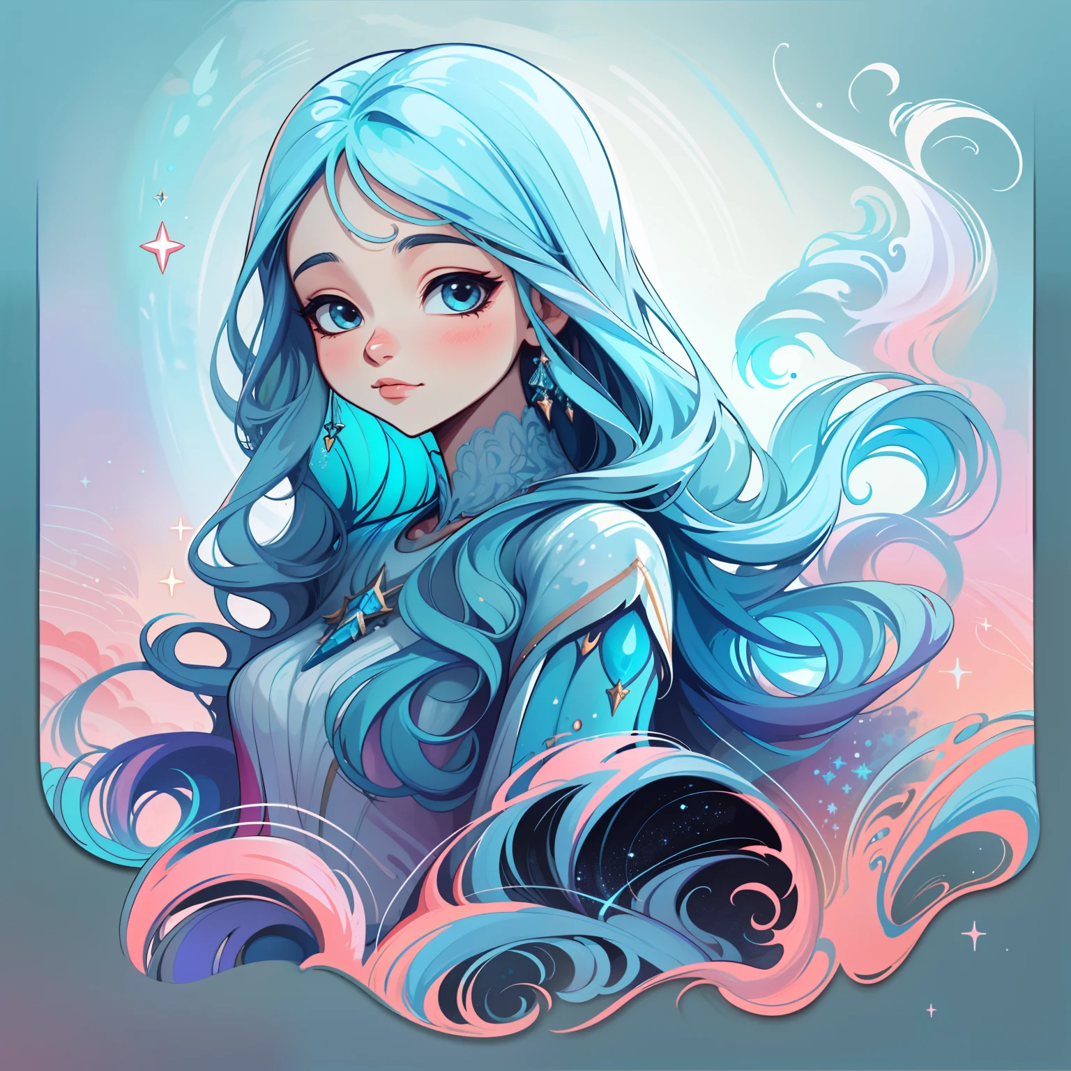 adesivo, fundo simples, portrait, 1girl, girl with long hair, beautiful aquarius girl, aquarius aesthetic, beautiful girl, very beautiful fantasy art, beautiful and elegant female aquarius, beautiful detailed fantasy, aquamarine and white color palate, aquamarine color-theme