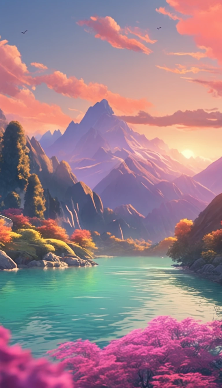 ghibli style, beautiful sky with mountains and river 4k wallpaper.Clear and sunny atmosphere."