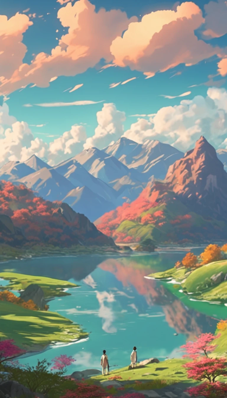 ghibli style, beautiful sky with mountains and river 4k wallpaper.Clear and sunny atmosphere."